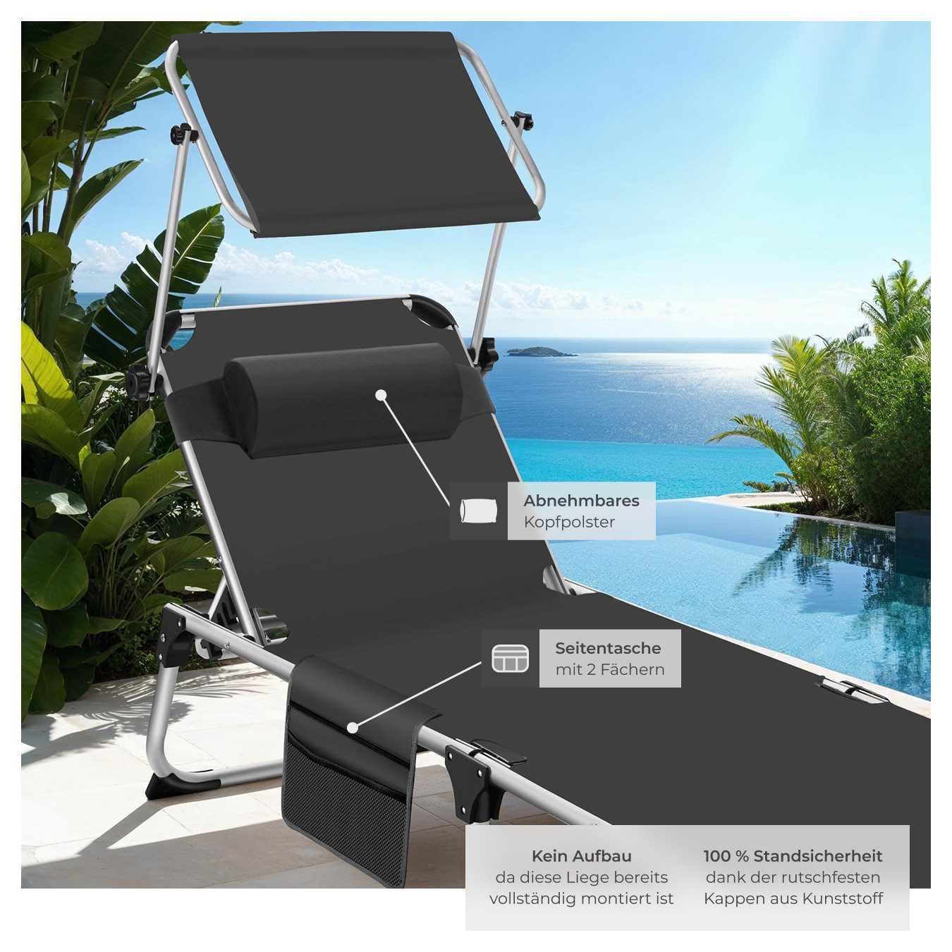 tectake Gartenliege klappbare Aluminium Sonnenliege mit Seitentasche, 218 x 60 x 33,5 cm, Balkonliege Aurelie, 1 St., für Außen in Schwarz, mit Kopfkissen, wett – Bild 4 von 5