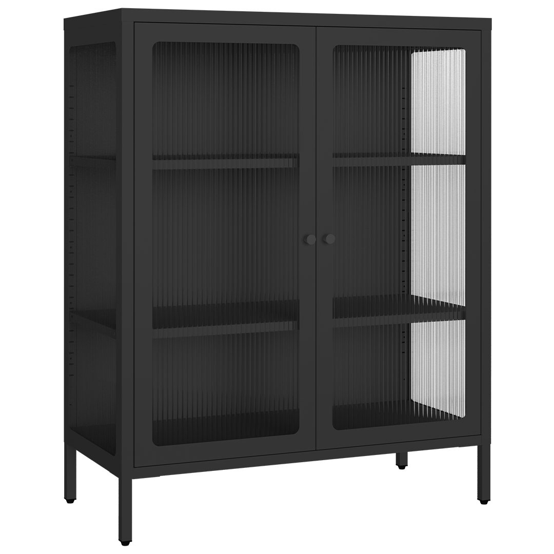 skølm Highboard Norns Vitrinenschrank mit Glastüren (schwarz, bis 80 kg belastbar, kratzfest), Metallkommode mit verstellbaren Fächern, Sideboard 100x38x80 cm