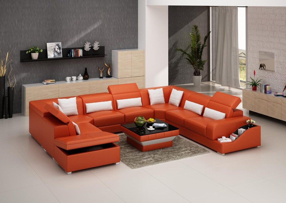 Xlmoebel Wohnlandschaft Ledersofa G8008 in Weiß mit Relax-Kopfstützen und Bettfunktion, Wohnlandschaft, Made in Europa