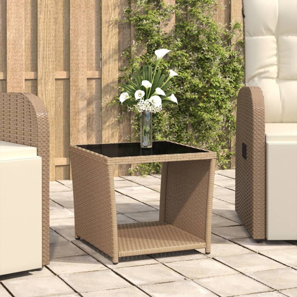 furnicato Beistelltisch Beiger Teetisch aus PE-Rattan, 45 x 45 x 40 cm (1-St), Witterungsbeständiger Outdoor-Tisch mit pflegeleichter Hartglasplatte
