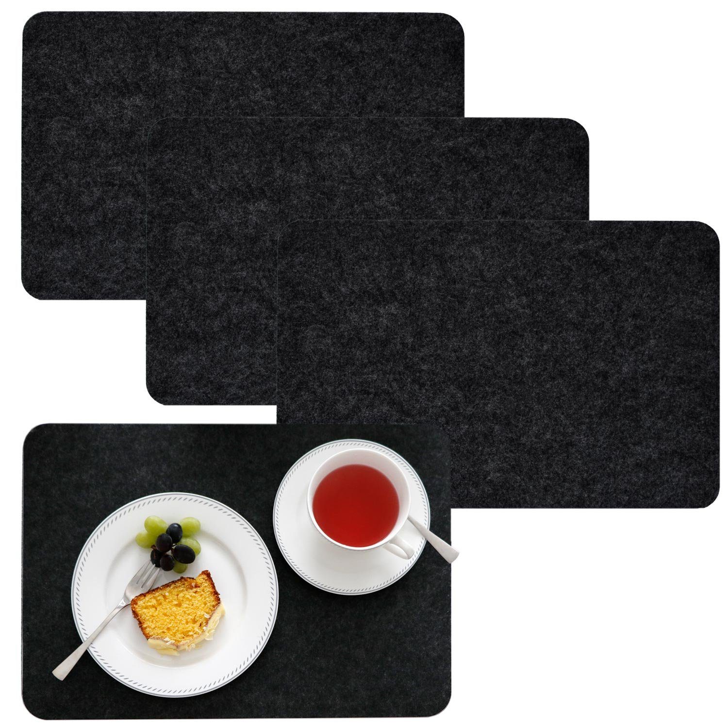 DuneDesign Platzset 4 Extra-Dicke Tischsets Filz Grau - Edle Tischunterlagen - Abwaschbar, 43 x 30 x 0,5 cm Platzdeckchen Rechteckig - Filzunterlagen Esstisch