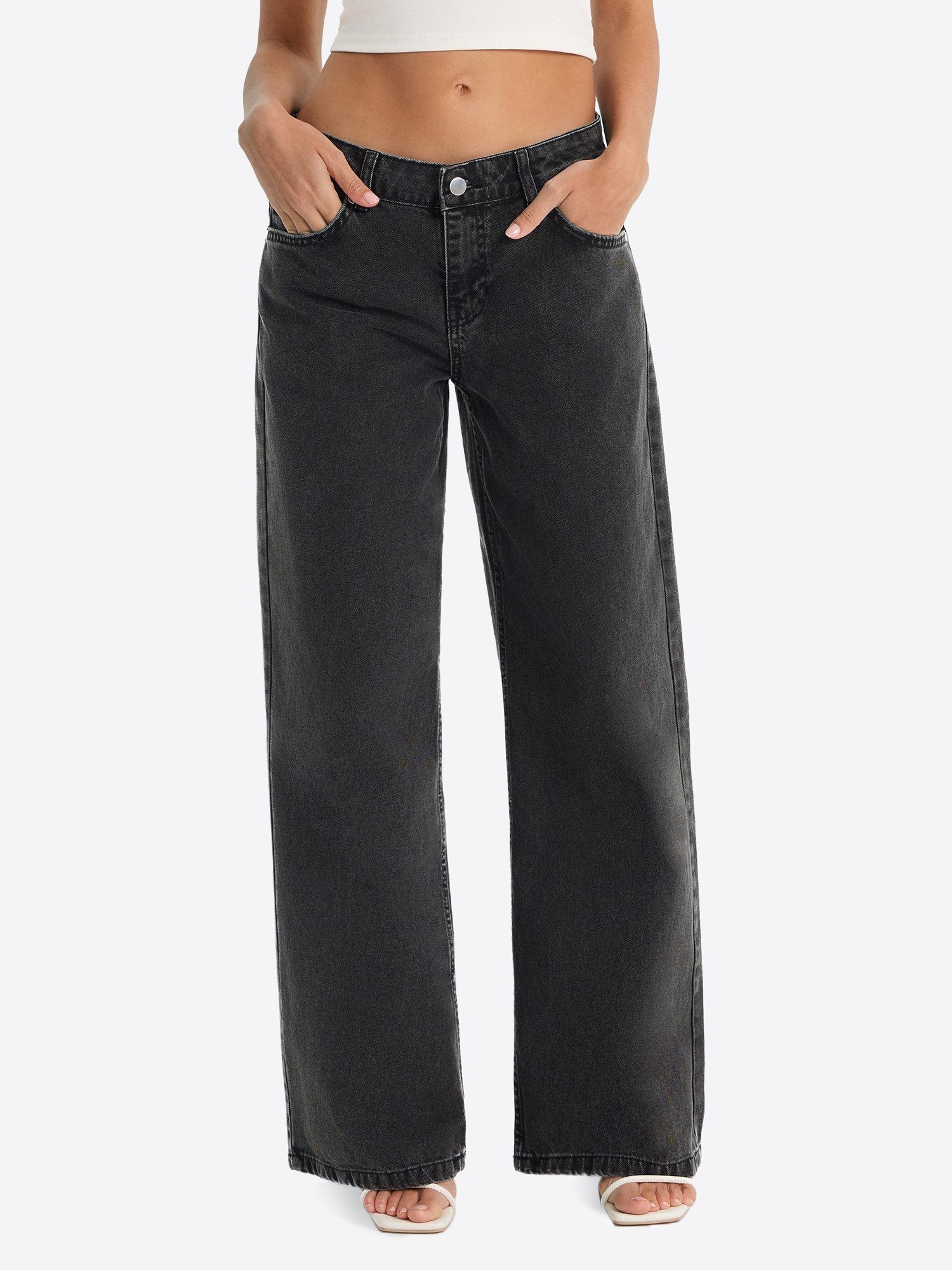 Loose-fit-Jeans Damen Hochgeschnittene Jeans mit weitem Bein