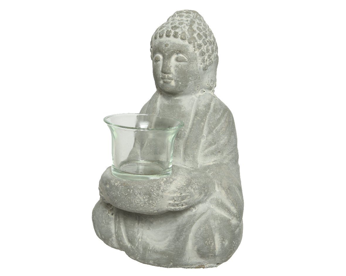 Decoris season decorations Buddhafigur, Buddha Figur Beton 20cm mit Glas Teelichthalter grau gebleicht