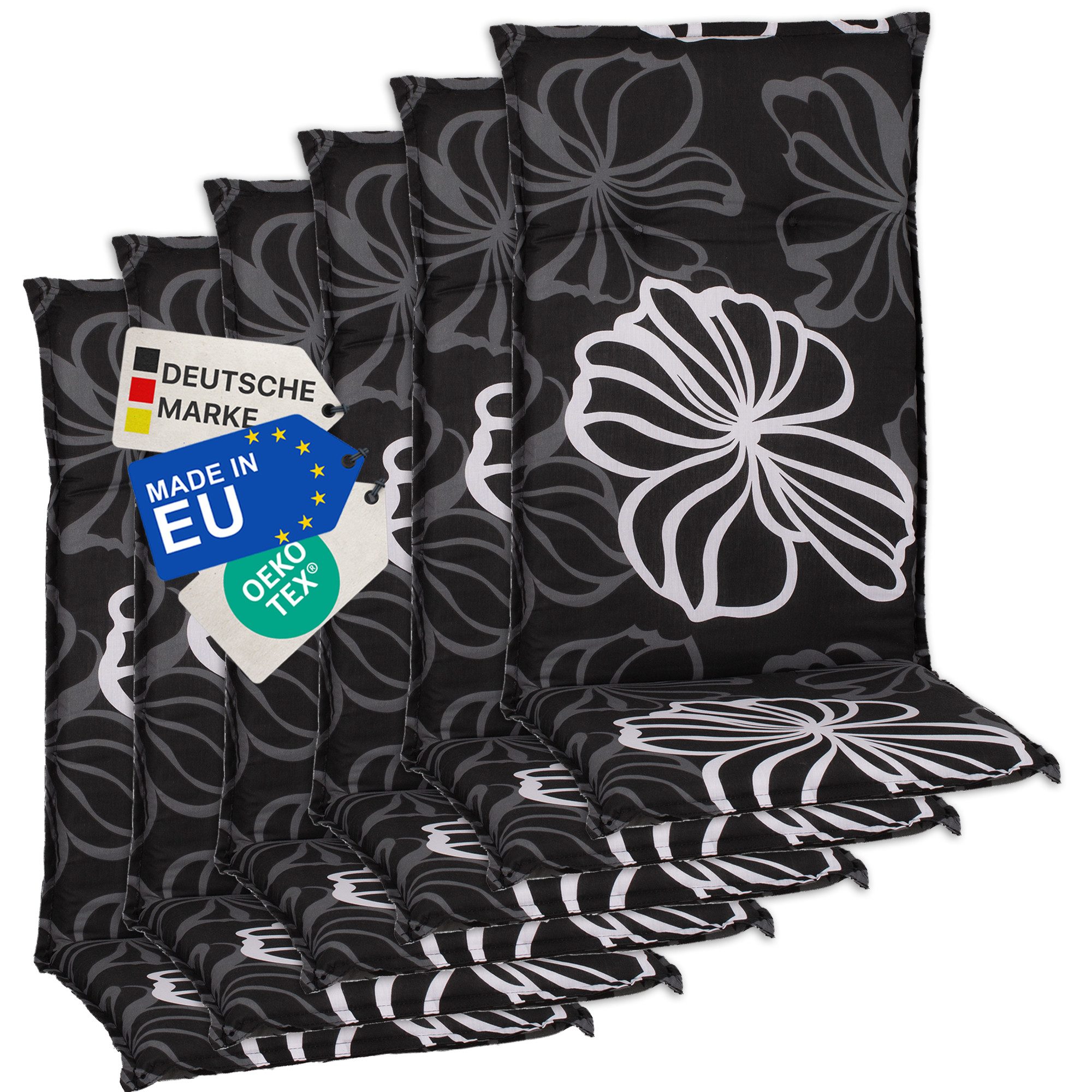 NYVI Hochlehnerauflage Hochlehner Auflagen 6er Set Barcelona - Gartenstuhlauflagen 118x50cm, (6 St), Stuhlauflage, Sitzauflage mit Halteband, UV-fest, Blumen Floral