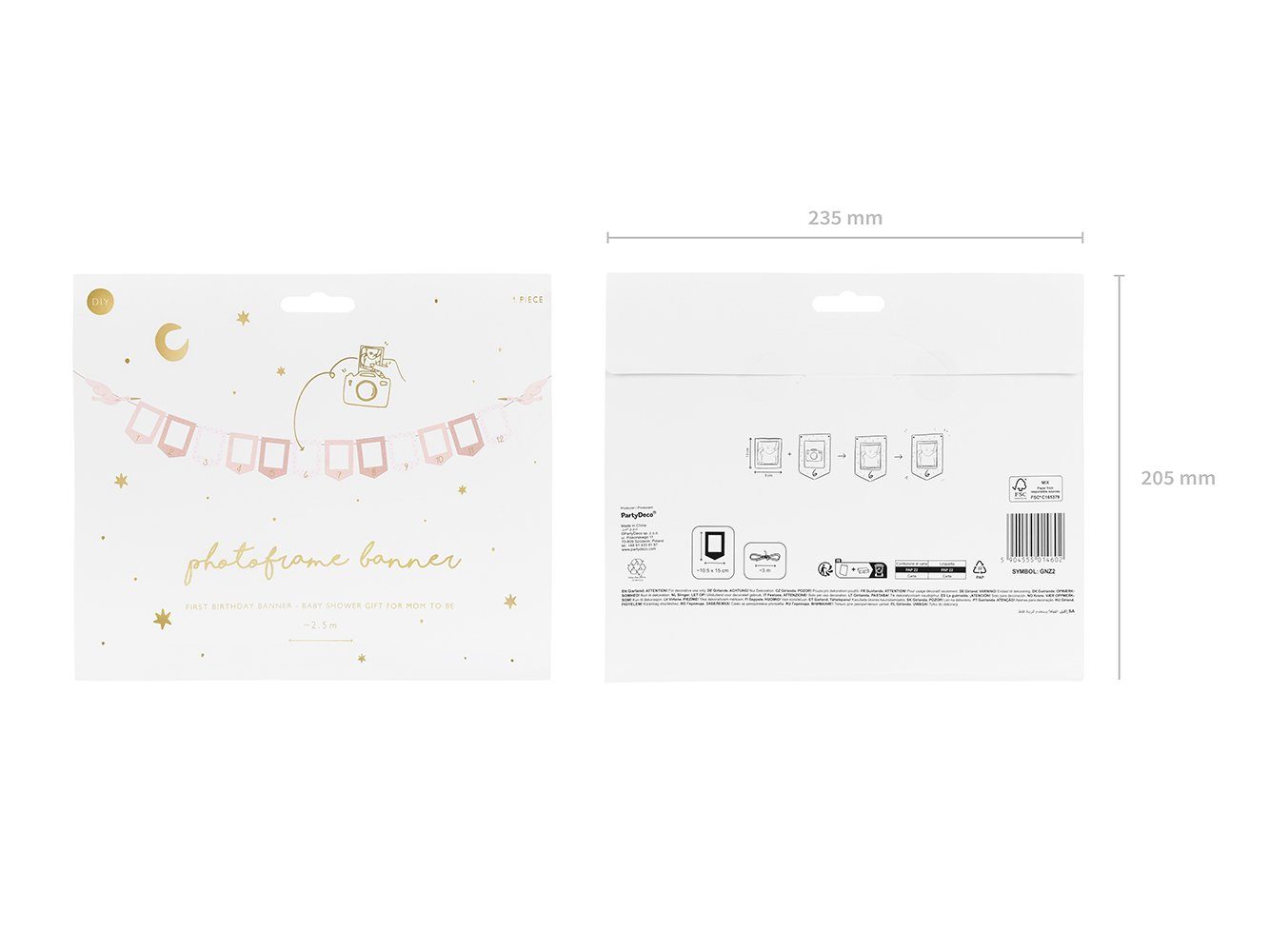 partydeco Girlande, Fotogirlande Banner aus Papier Storch 15x300cm rosa gold