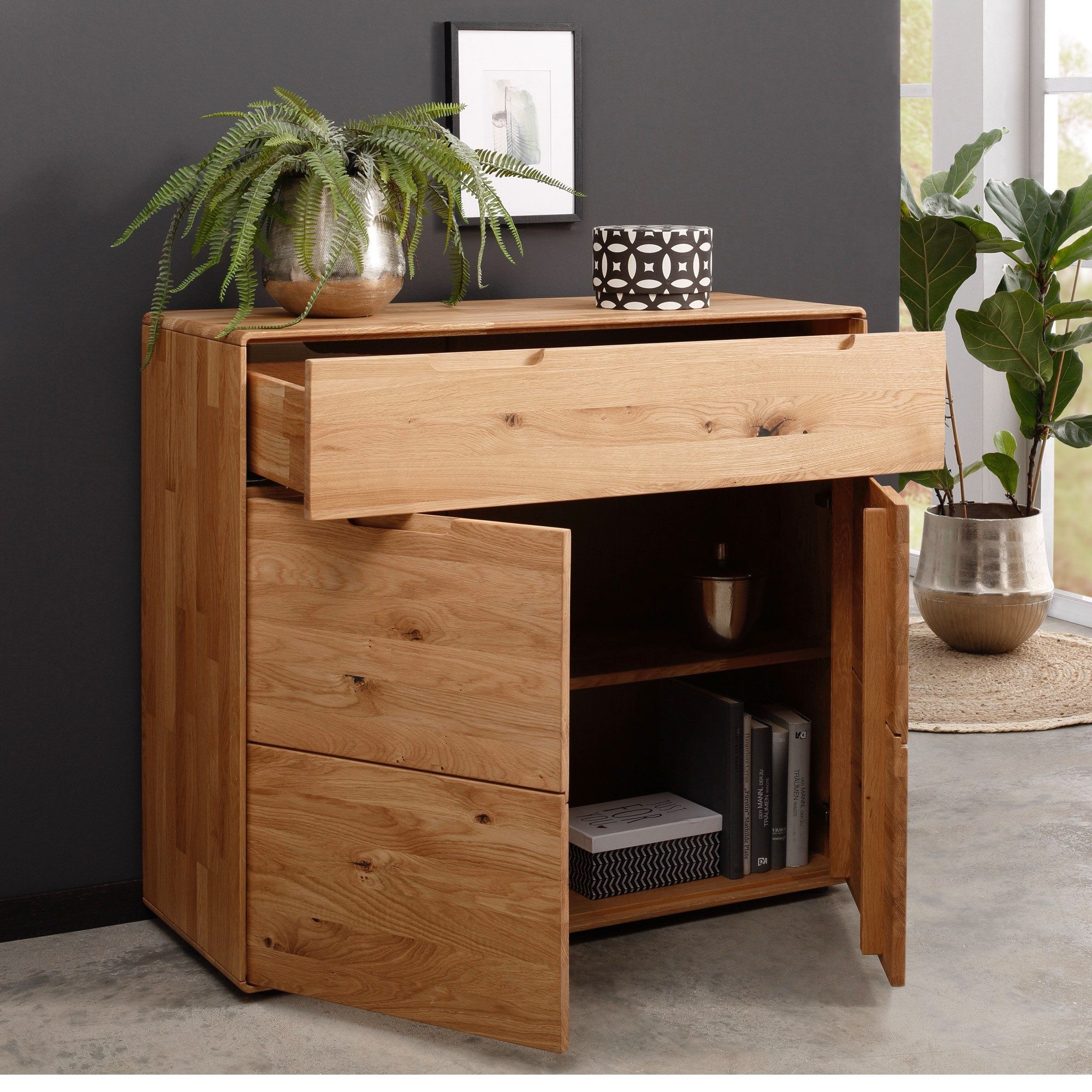 Liadomo Kommode Genua 2, Sideboard, Stauraummöbel, Stauraum, aus Massivholz Wildeiche, zwei Türen, ein Schubkasten