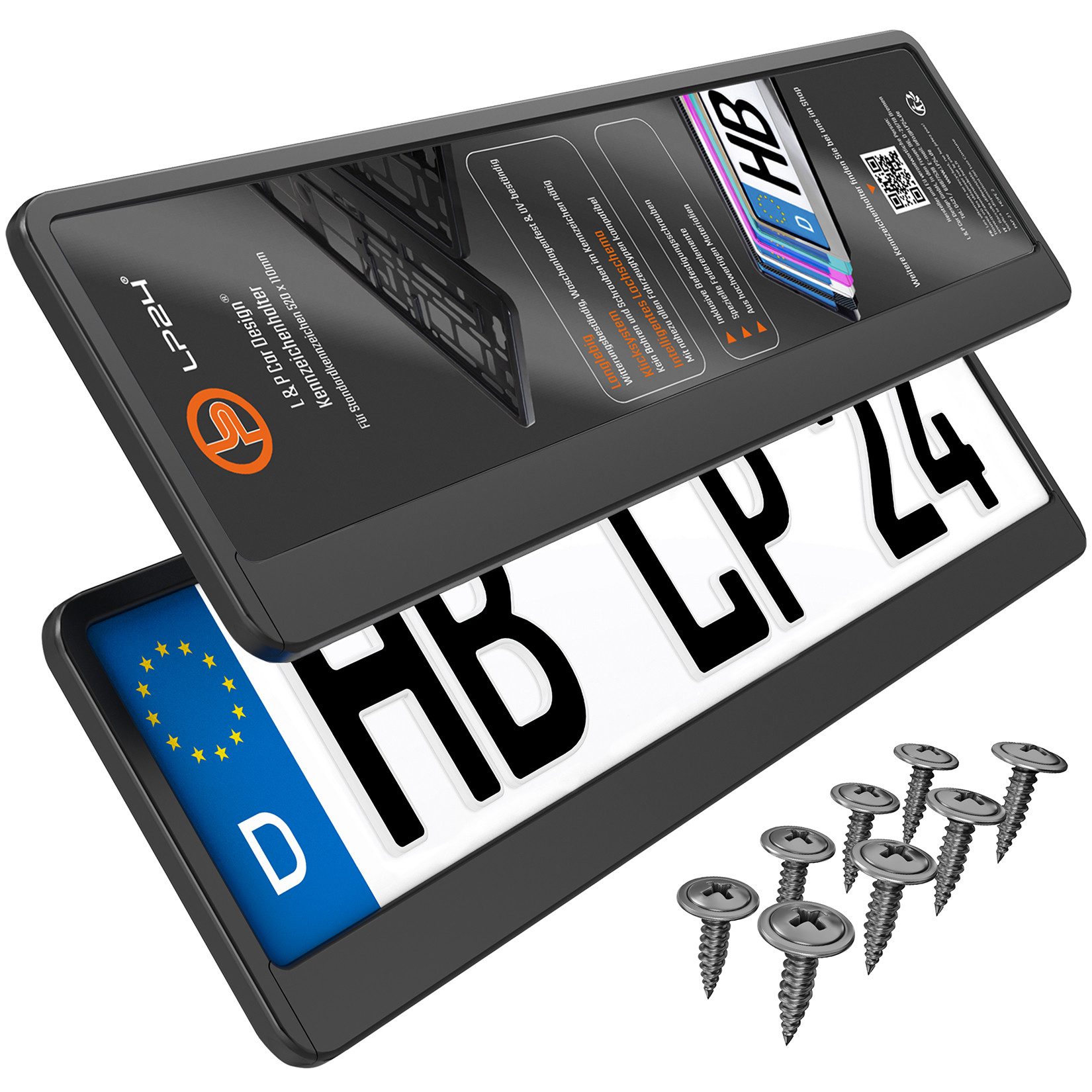 L & P Car Design Kennzeichenhalter für Auto in schwarz Nummernschild Kennzeichenhalterung, (2 Stück)