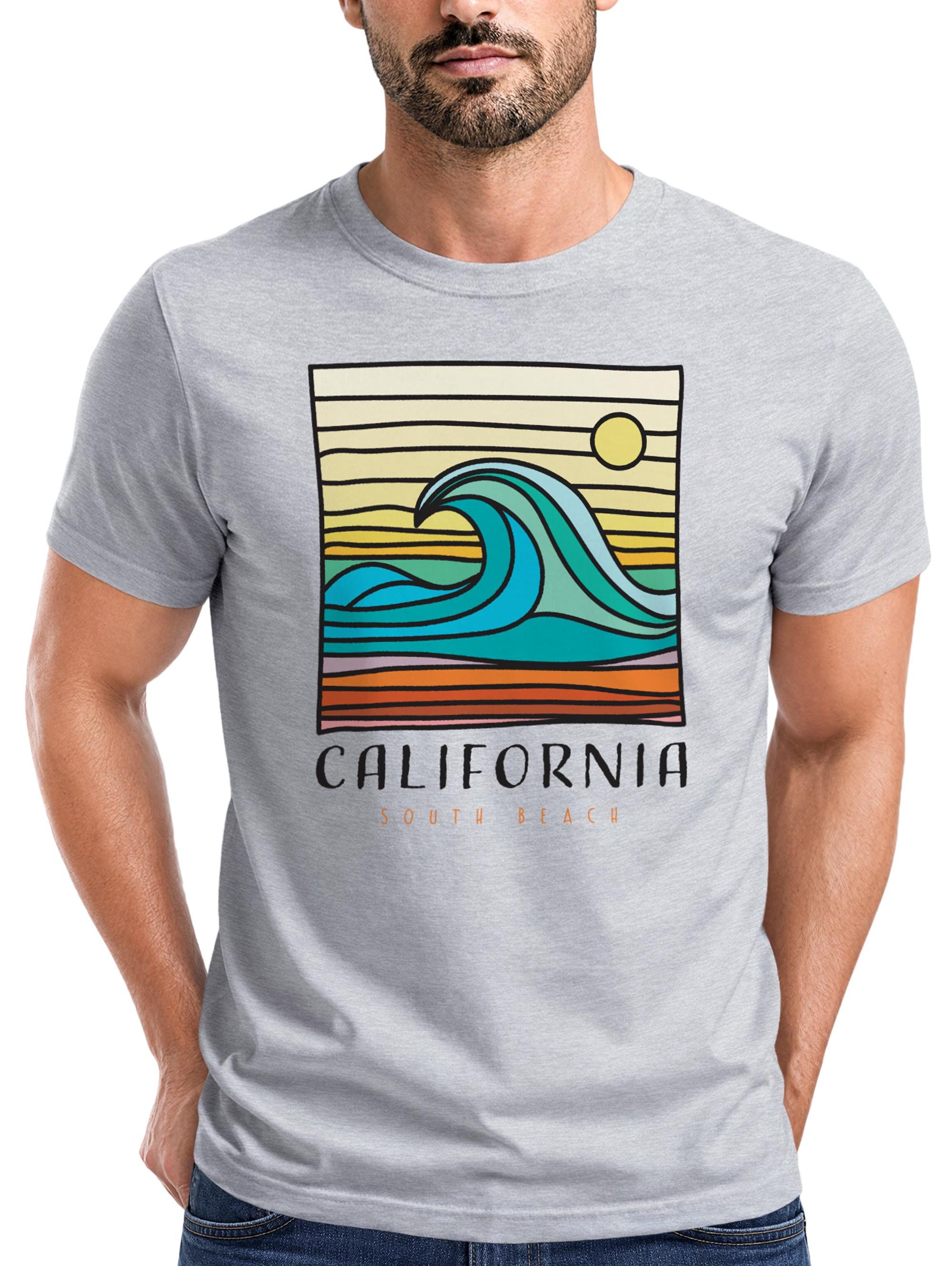 Print-Shirt Herren T-Shirt California South Beach Welle Wave Surfing Print