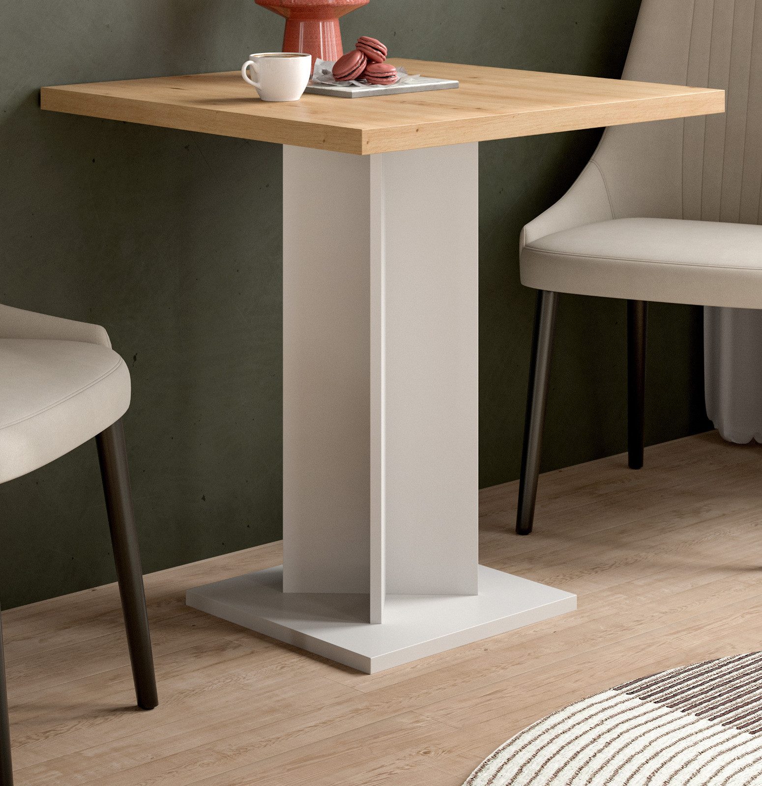 Inn.Furn Säulen-Esstisch Anton (Küchentisch in Eiche Artisan und Weiß, quadratisch, 70 x 70 cm), bis 30 Kg belastbar