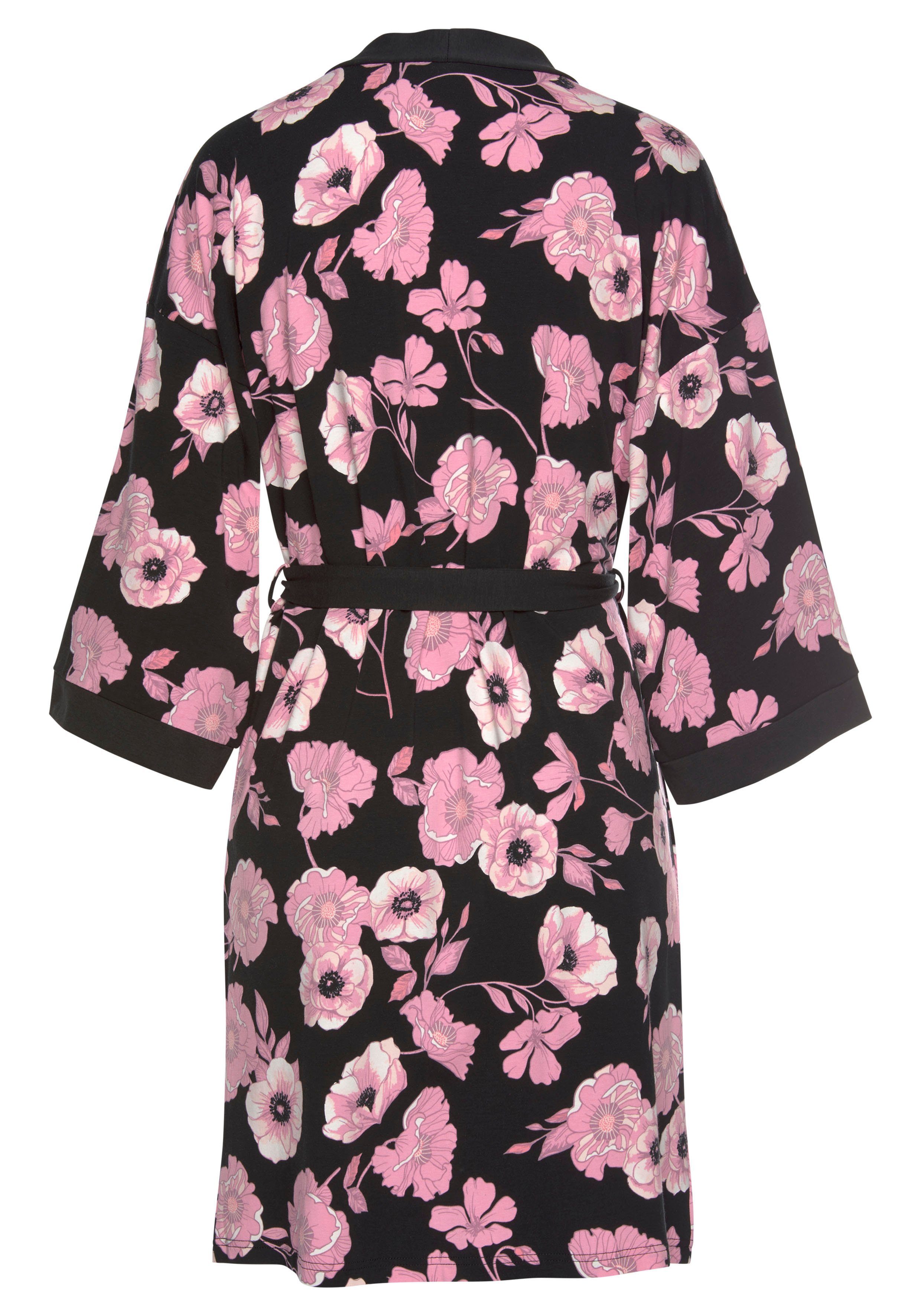 LASCANA Kimono, Gürtel, Kurzform, und mit weiten Ärmeln rosa-schwarz-gemustert Baumwoll-Mix, Bindeband