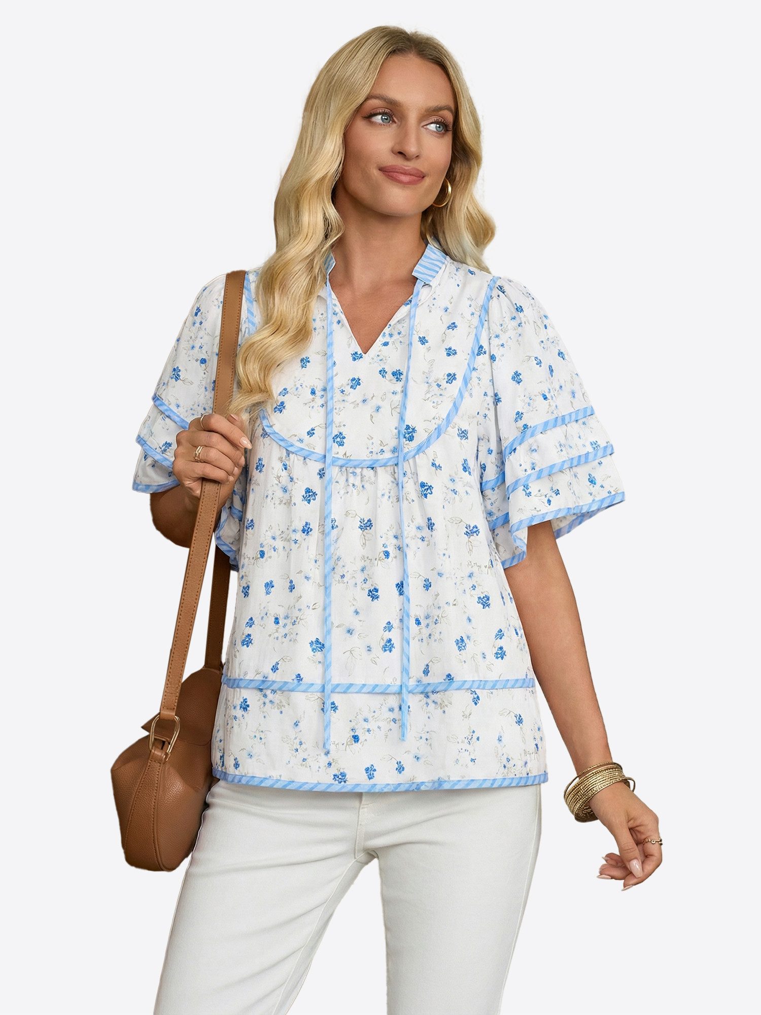 Imily Bela Kurzarmbluse Damen Babydoll Tops mit Blumenmuster (Packung, 1-tlg., 1per-Pack) mit V-Ausschnitt – Bild 5 von 5
