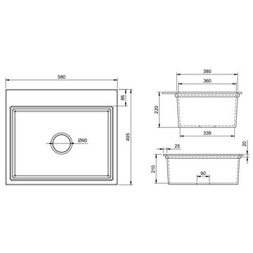 QLS Küchenspüle Comfort 0.0L, Granit-Spülbecken, 58x49,5cm Granitspüle Spülbecken Waschbecken tiefe Kammer