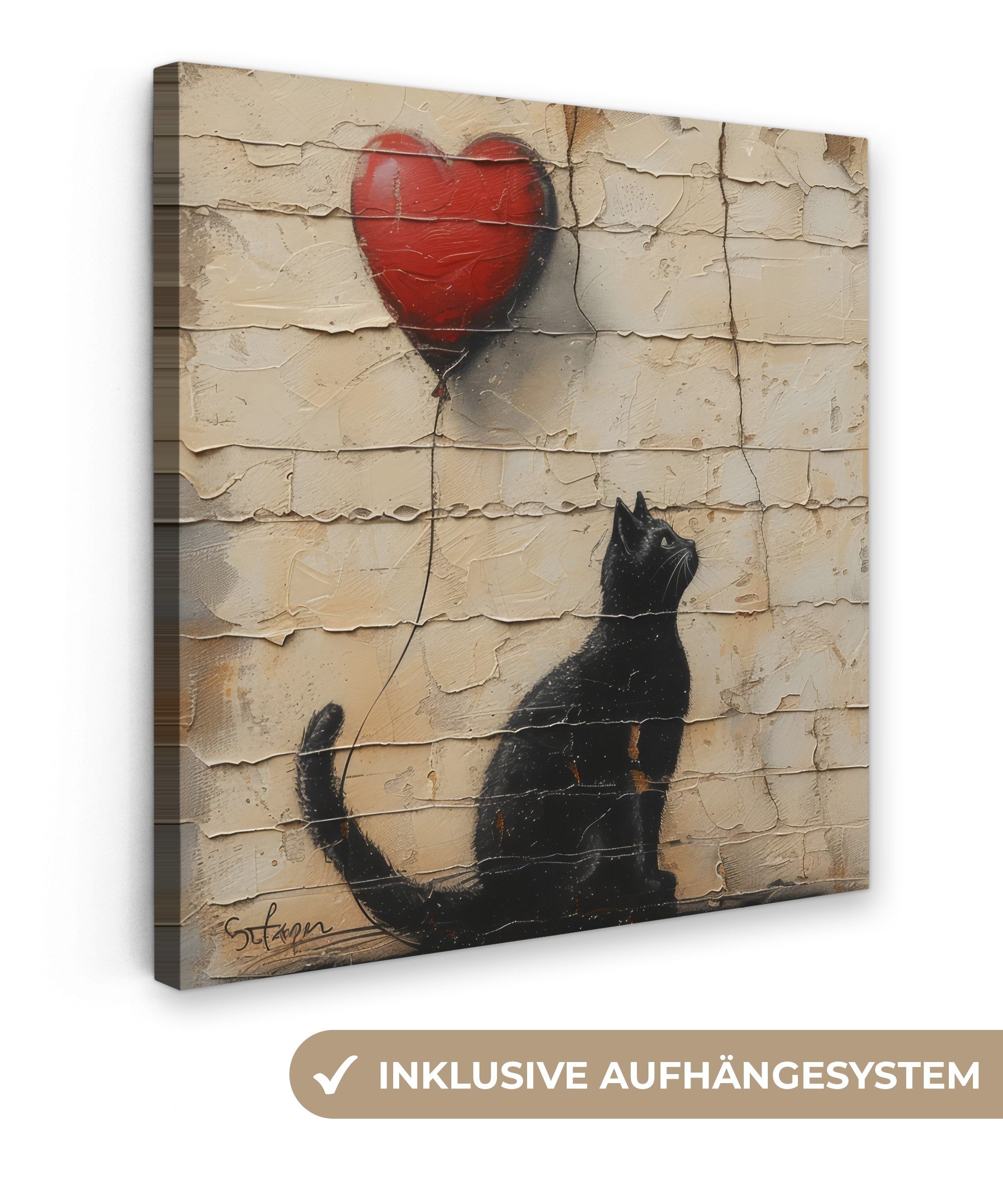 OneMillionCanvasses® Leinwandbild Katze - Graffiti - Luftballon - Straßenku günstig online kaufen