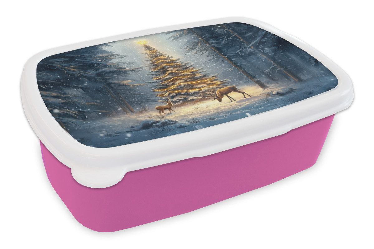 MuchoWow Lunchbox Weihnachtsbeleuchtung - Wald - Hirsche - Dunkelheit, Kunststoff, (2-tlg), Brotdosen, Lunch Box, Brotbox für Kinder und Erwachsene