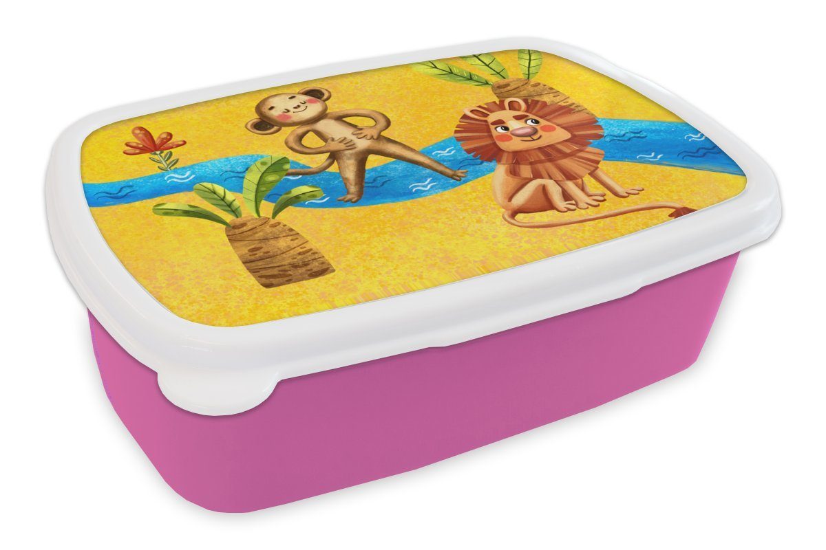MuchoWow Lunchbox Affe - Löwe - Dschungel - Wasser, Kunststoff, (2-tlg), Brotbox für Erwachsene, Brotdose Kinder, Snackbox, Mädchen, Kunststoff rosa