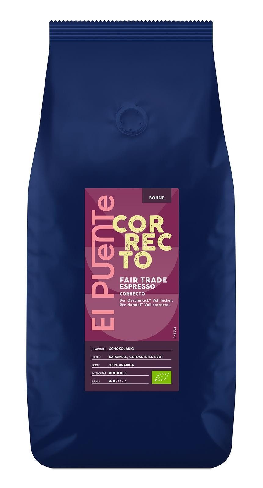 El Puente Kaffee Correcto - Bio-Espressobohnen 1 kg, Fair Trade, Vegan, Bio, Handmade