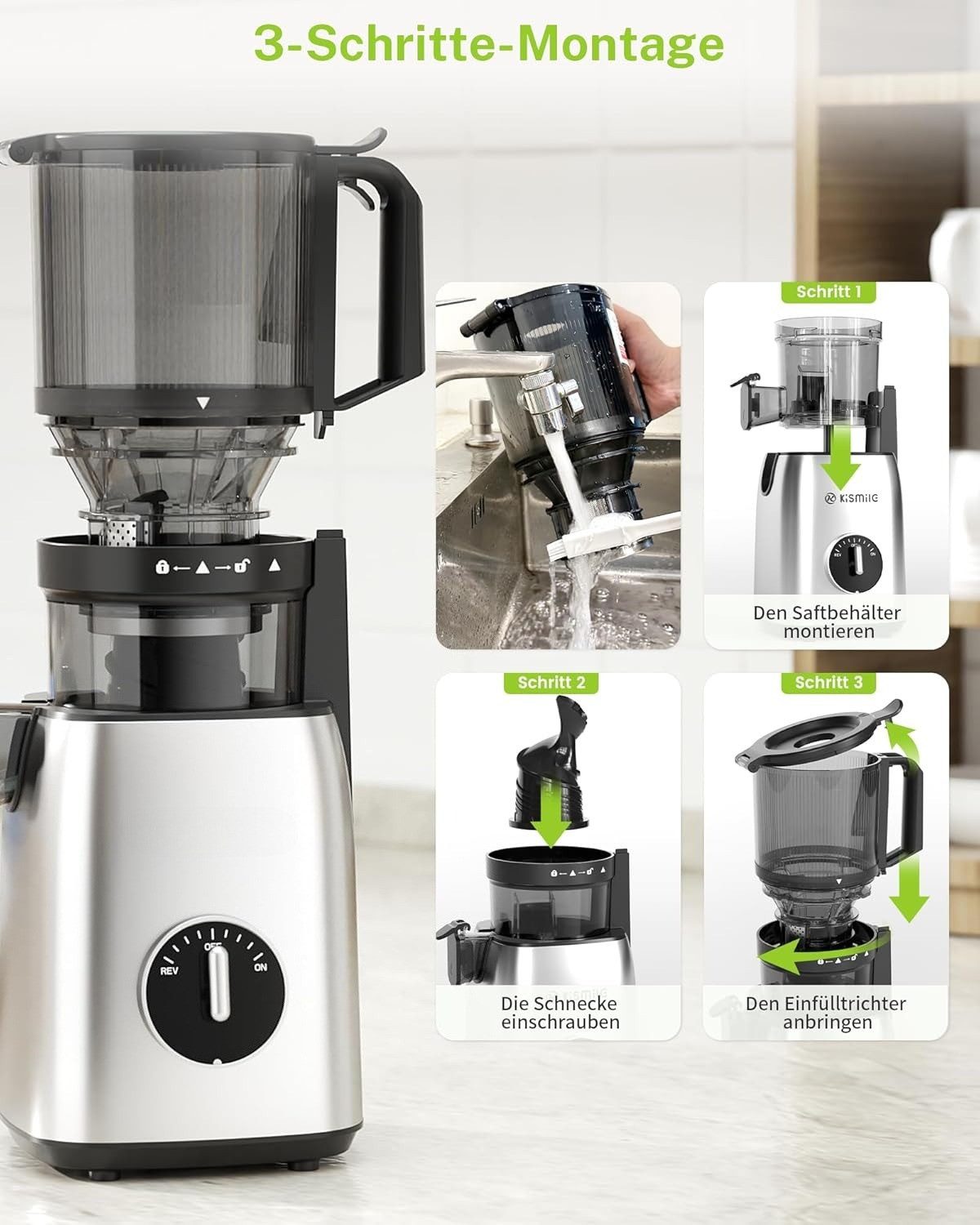 Kismile Entsafter Slow Juicer mit 135mm extra großem Einfüllschacht, 300 W, Leicht zu reinigen, Entsafter für ganzes Obst und Gemüse – Bild 5 von 5