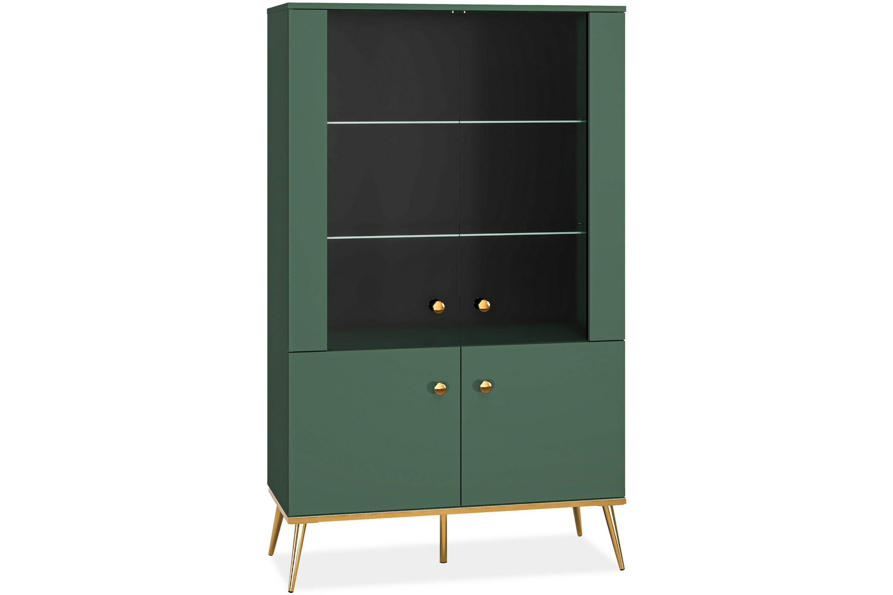 KONSIMO® Glasvitrine ARICIA Vitrine hergestellt in der EU, mit Goldelementen, mit Glaseinlegeböden