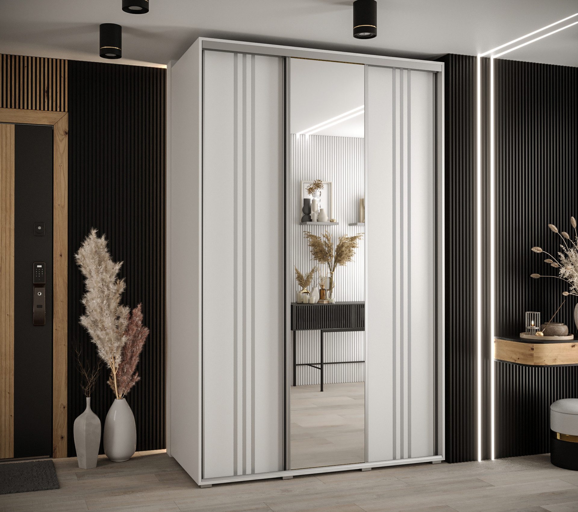 ABIKS MÖBEL Schwebetürenschrank Davos 7 Schlafzimmerschrank mit Spiegel, Kleiderstange und Regalen