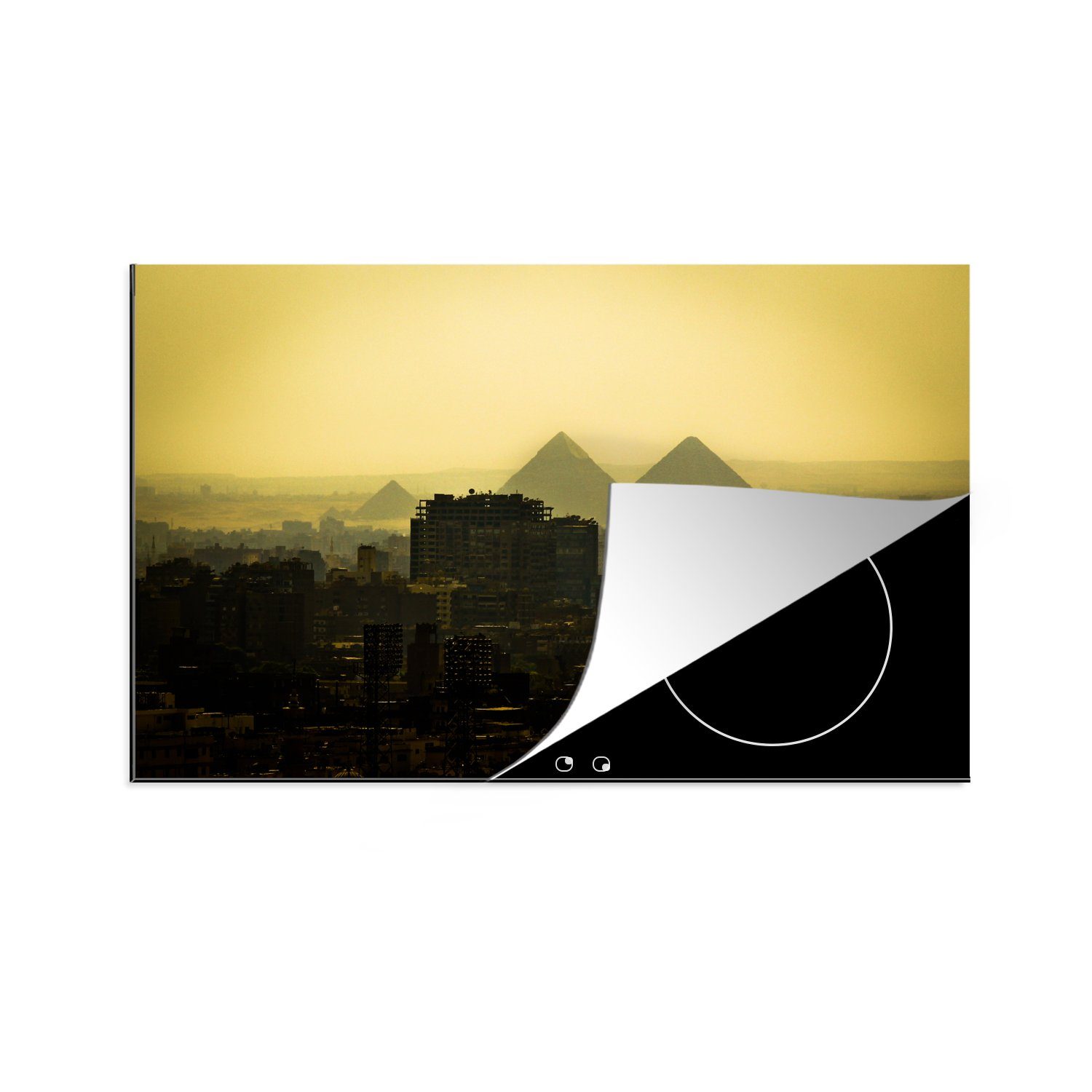 MuchoWow Herdblende-/Abdeckplatte Gelbe Farbtöne über Kairo und den Pyramiden von Ägypten, Vinyl, (1 tlg), 81x52 cm, Induktionskochfeld Schutz für die küche, Ceranfeldabdeckung | Herdabdeckplatten