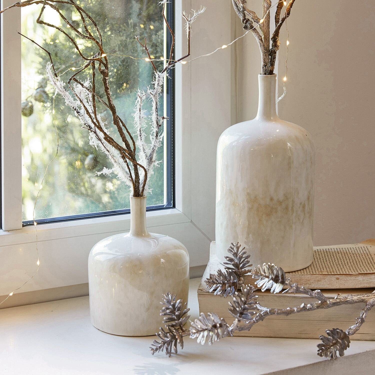 Mirabeau Tischvase, elegante Wohnzimmer Vasen in Creme aus Keramik handgefertigt (2er Set, handlasiert, individuelles Muster, inkl. 2 unterschiedliche Vasen), Vase1: H 24 cm, Ø 12 cm, ca. 1,8 l; Vase2: H 16 cm, Ø 12 cm, ca. 1,0 l