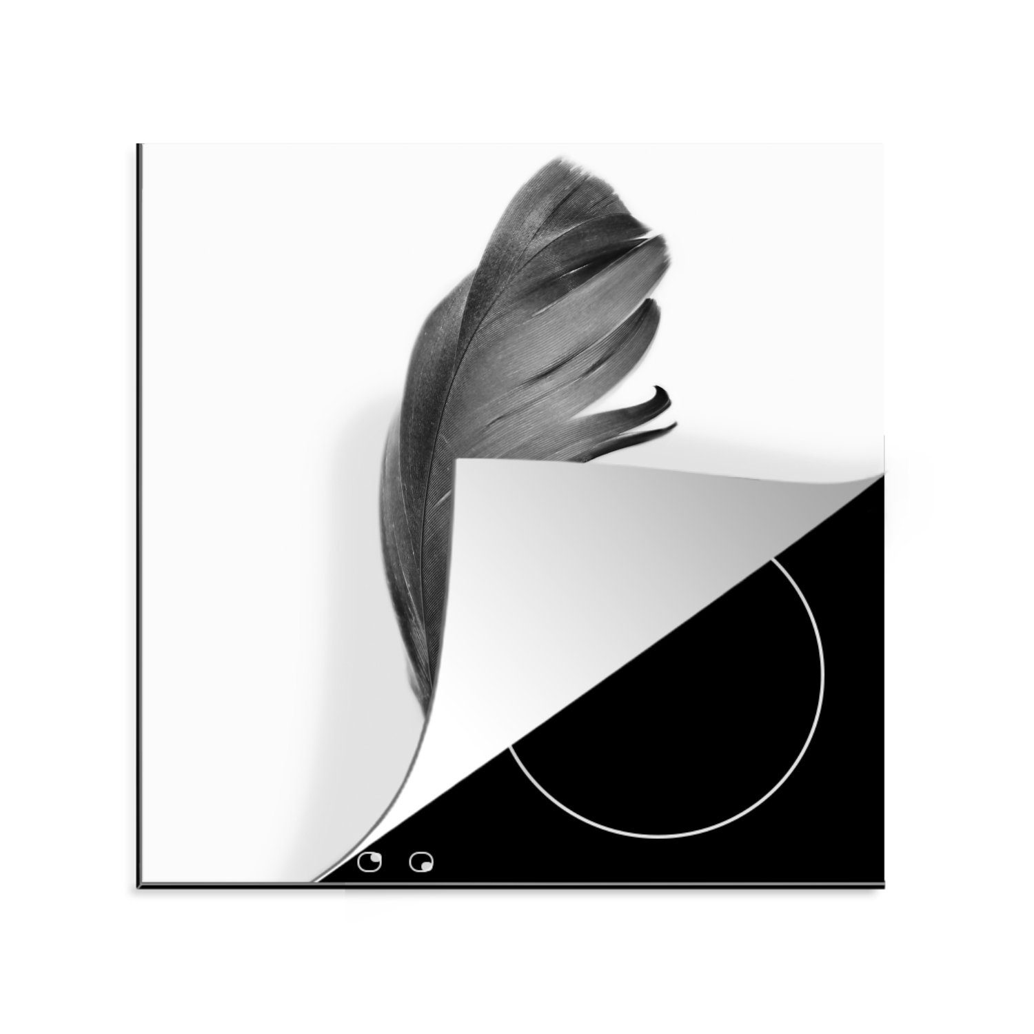 MuchoWow Herdblende-/Abdeckplatte Feder - Schwarz - Weiß - Natur, Vinyl, (1 tlg), 78x78 cm, Ceranfeldabdeckung, Arbeitsplatte für küche