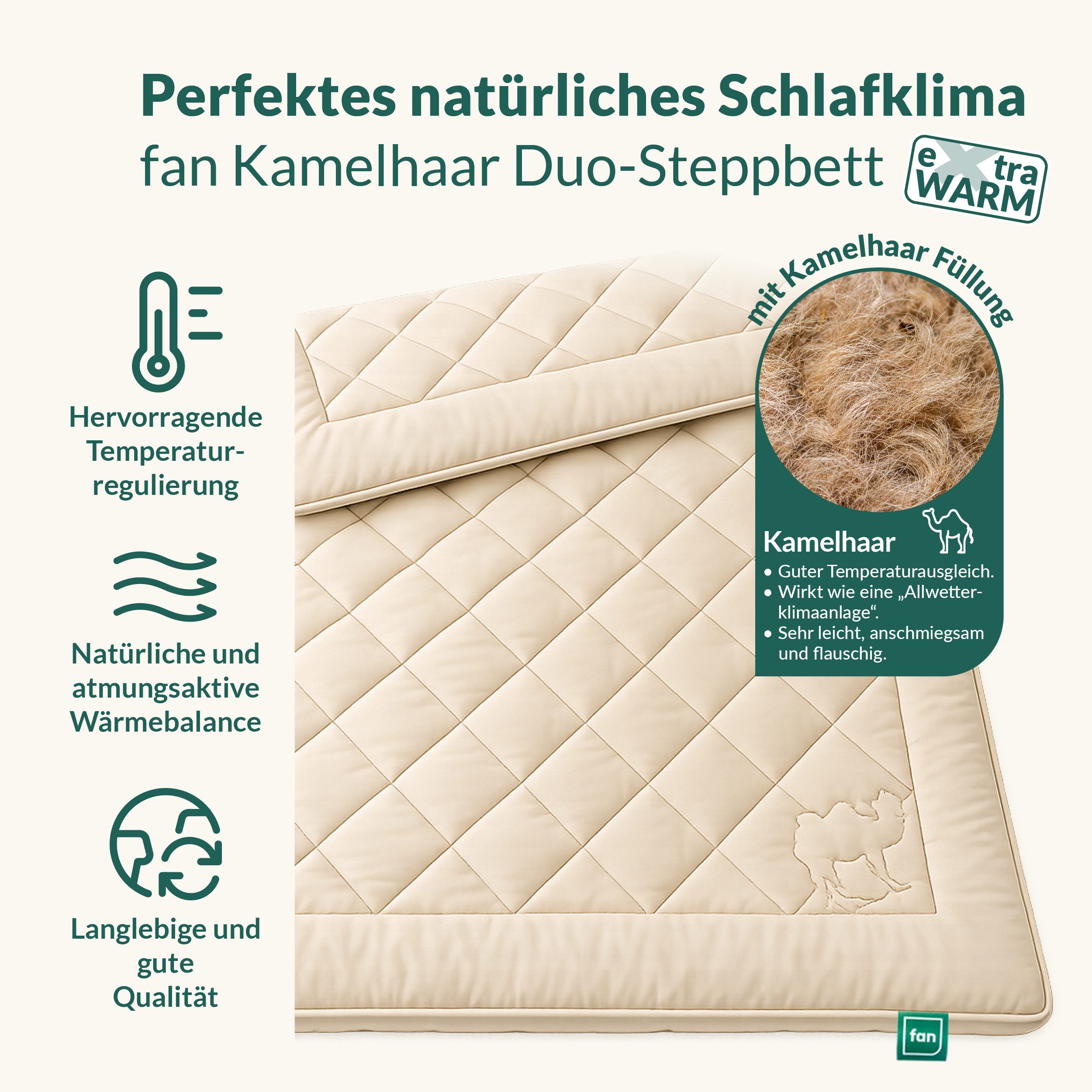fan Naturhaarbettdecke Gobi, Bettdecken für Sommer und Winter, temperaturausgleichend, Füllung: Kamelhaar, Bezug: Baumwolle, Klimatisierende Kamelhaar-Füllung - – Bild 2 von 5