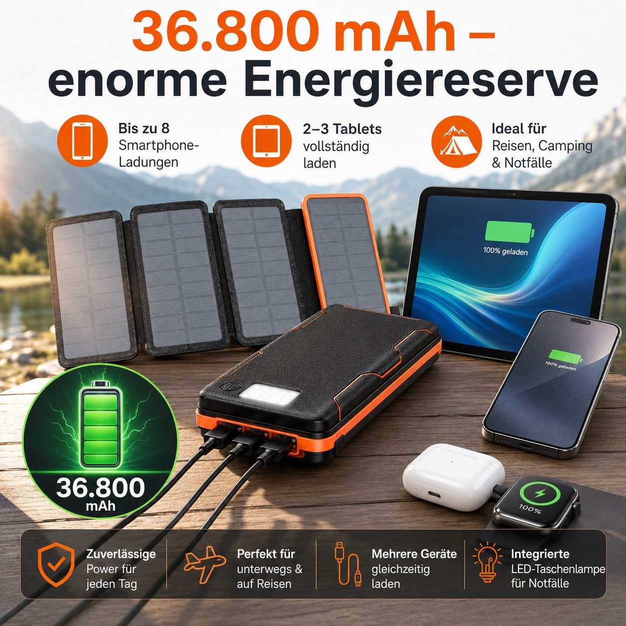 Goldstern-Tech SolarPower 38K Solar Powerbank 15W Schnellladefunktion 36800 mAh, 4 faltbaren Solarpanels, QC 3.0 Schnellladefunktion, USB-C Anschluss – Bild 4 von 5