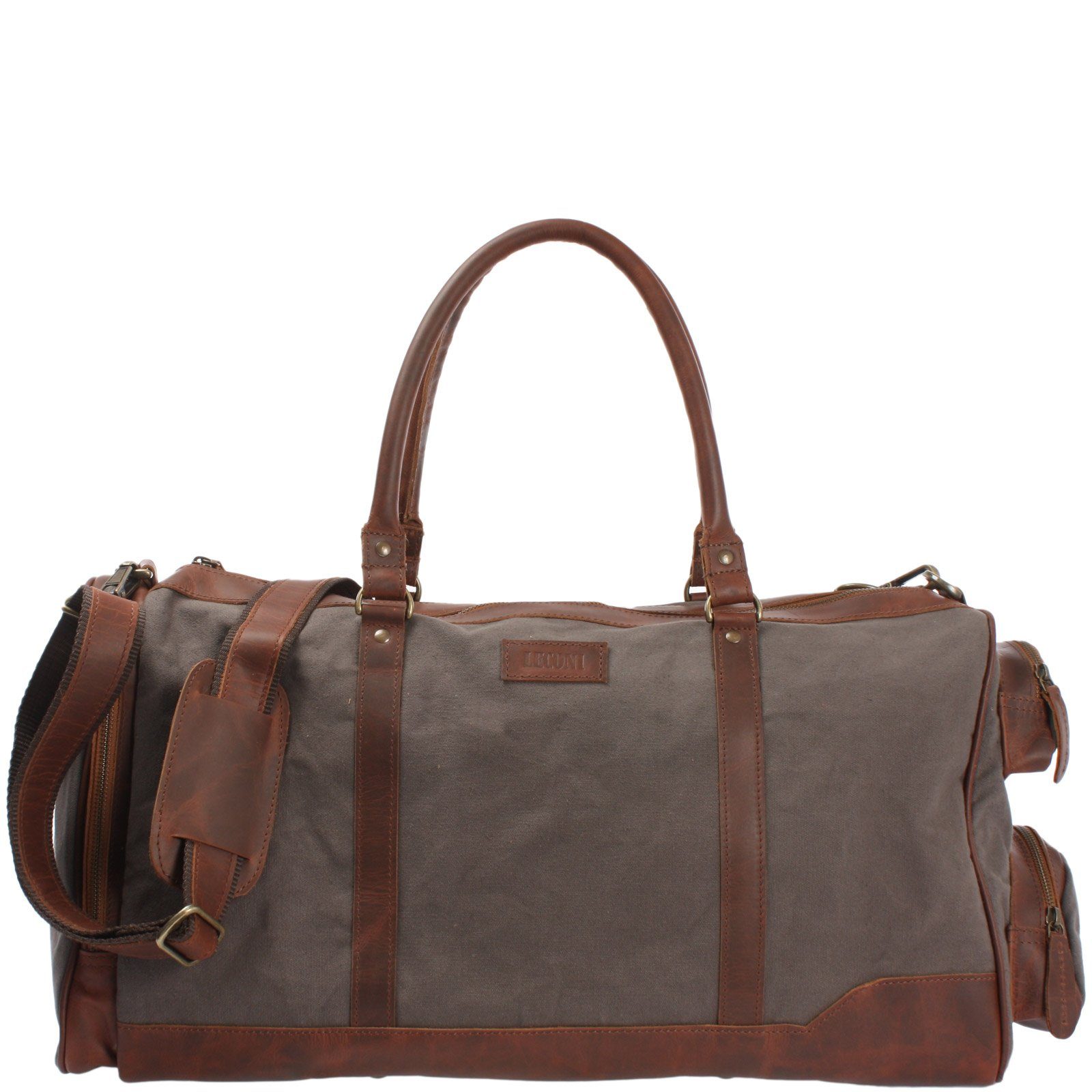 LECONI Reisetasche Weekender Sporttasche Handgepäck Damen Herren Leder Canvas LE2017, geteiltes Hauptfach - viele Außenfächer - 55x30x27 cm
