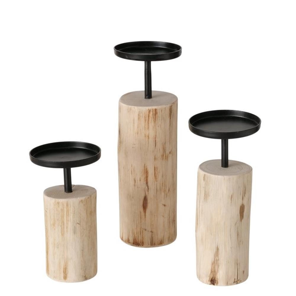 BOLTZE Kerzenleuchter Tempe 3er Set, Kerzenständer 3er Set Holz Metall Natur Schwarz