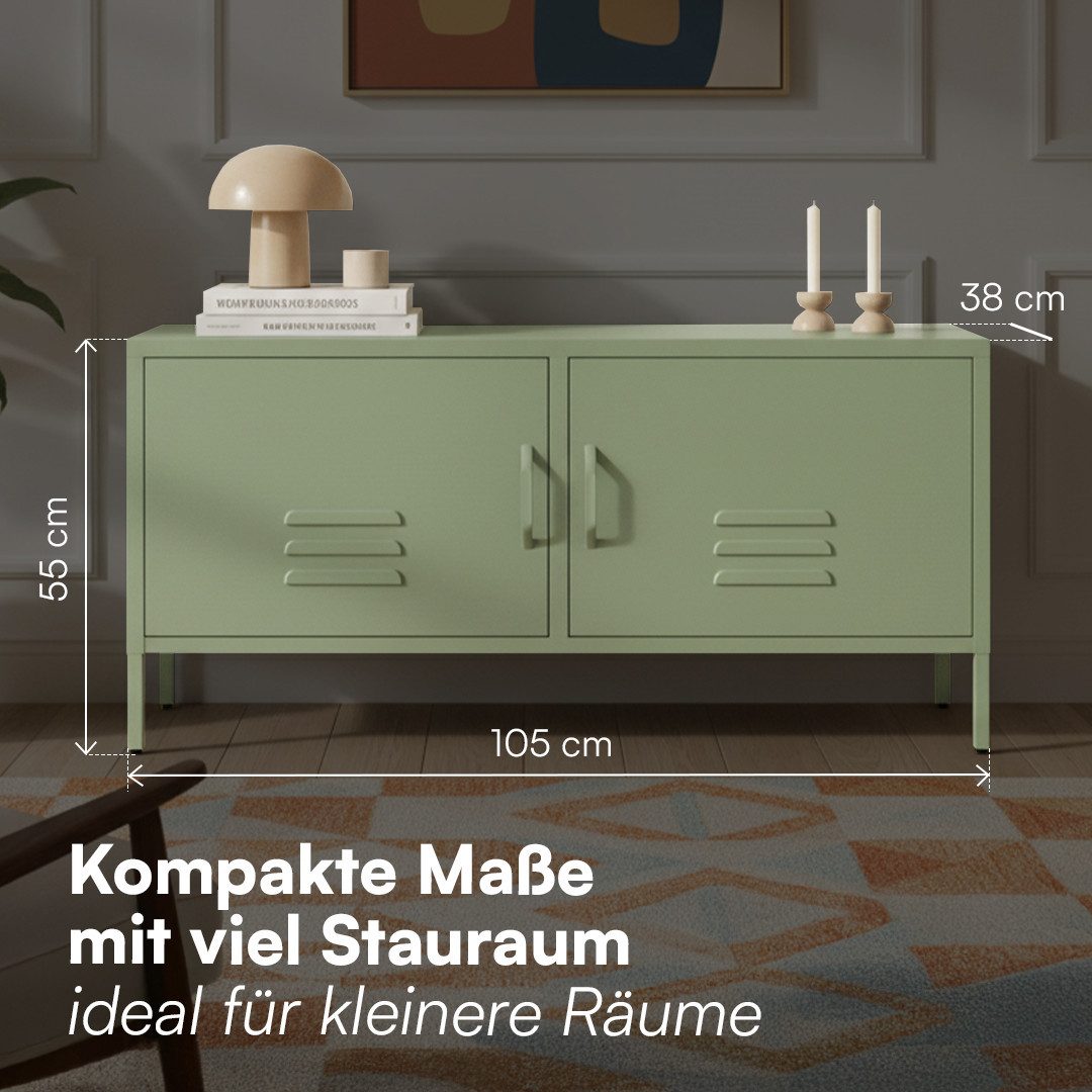skølm Lowboard Atria aus Metall (Mintgrün), Metallkommode mit 4 Fächern & 2 Türen, 55x38x105cm (HxTxB)