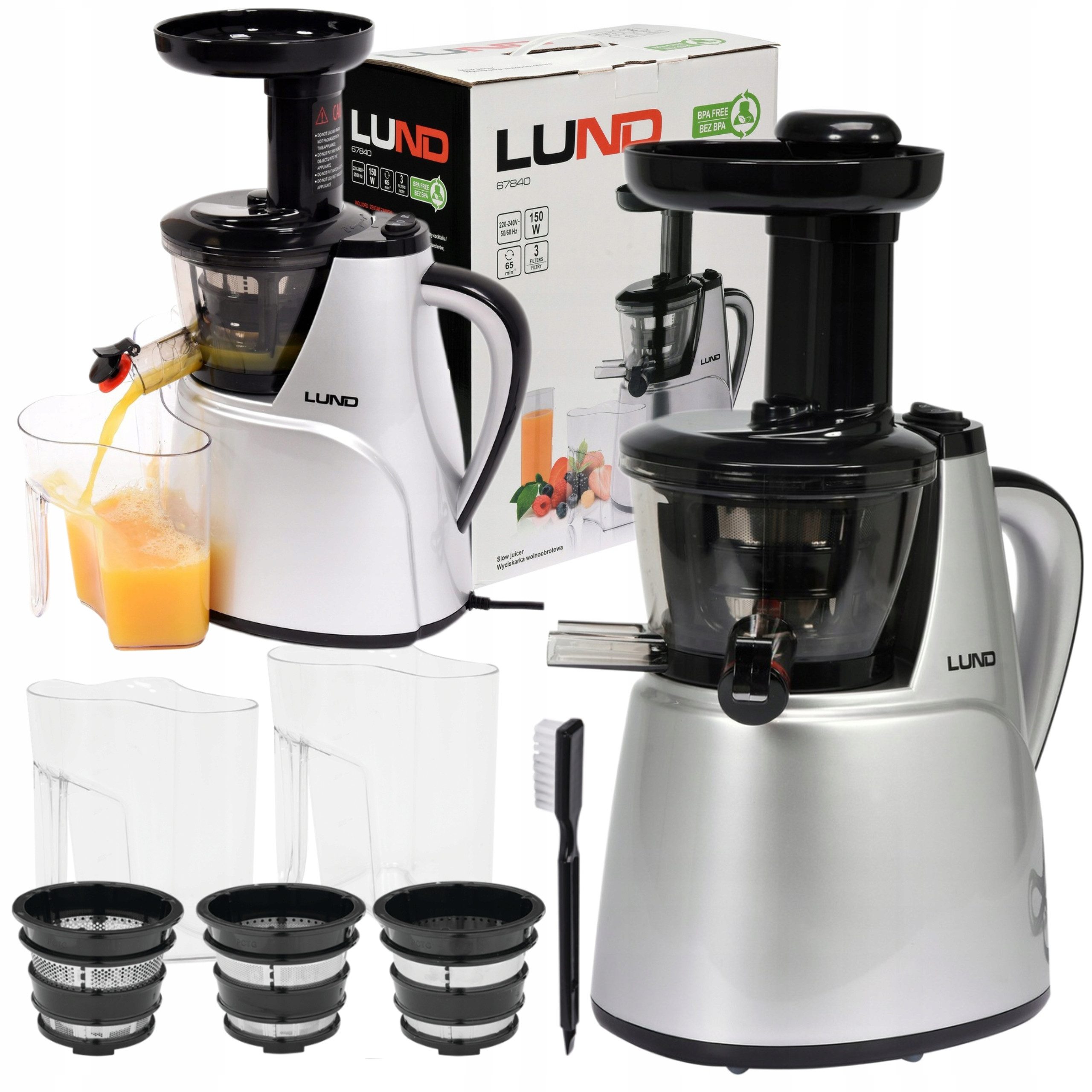 Lund Slow Juicer Entsafter Slow Juicer 150W Silber mit 3 Filtern und Zubehör, 150 W