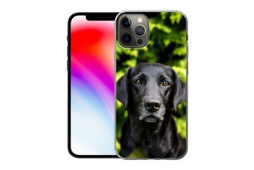 MuchoWow Handyhülle Ein schwarzer Labrador Retriever inmitten der grünen Blätter, Handyhülle Apple iPhone 12 Pro, Smartphone-Bumper, Print, Handy