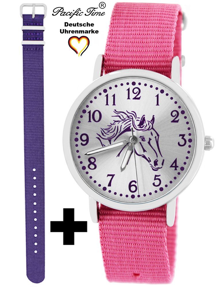 Versand Gratis Kinder Pacific Time Armbanduhr Design Pferd und violett Set Match violett Quarzuhr - Mix Wechselarmband, rosa und