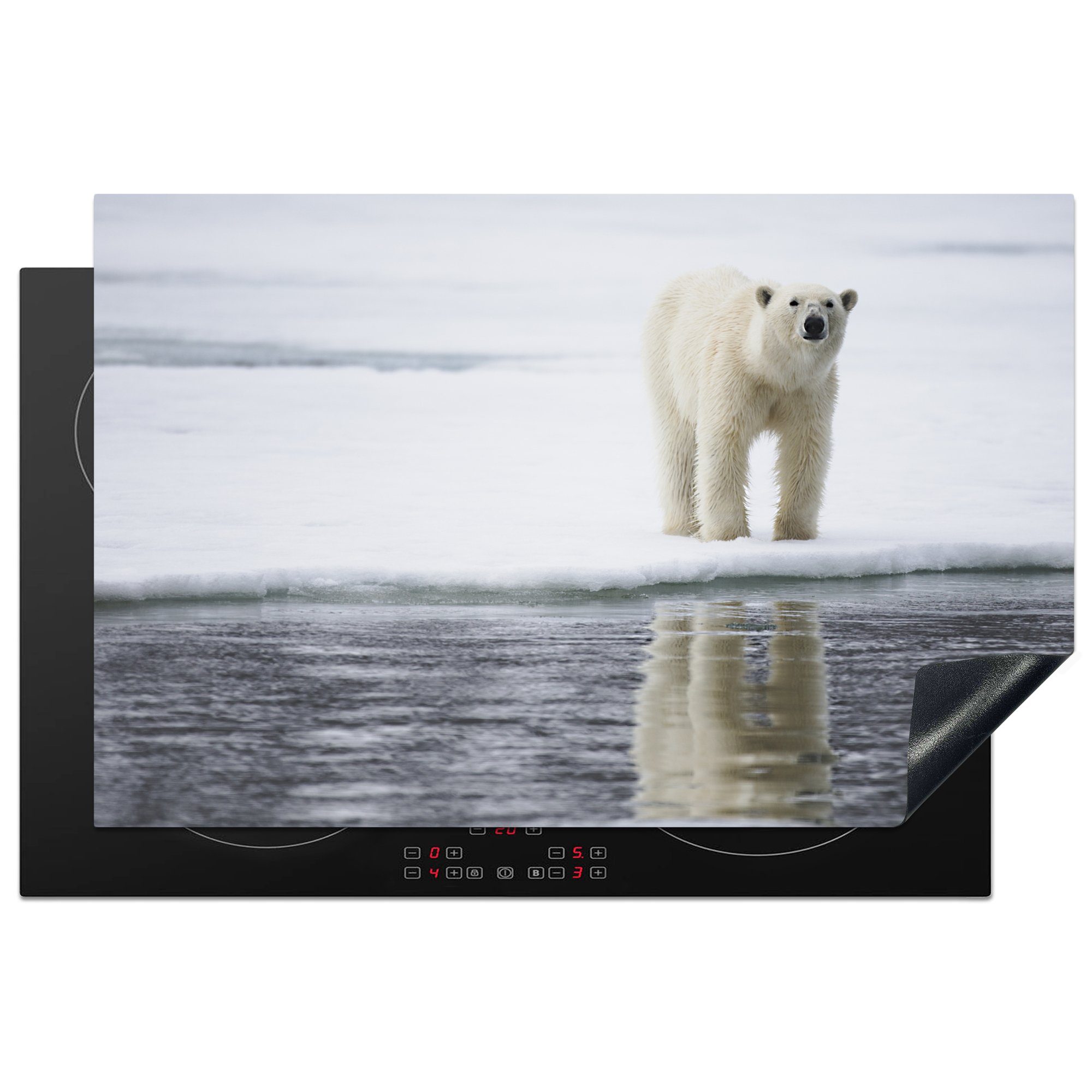 MuchoWow Herdblende-/Abdeckplatte Eisbär auf dem Eis in Svalbard, Norwegen, Vinyl, (1 tlg), 81x52 cm, Induktionskochfeld Schutz für die küche, Ceranfeldabdeckung