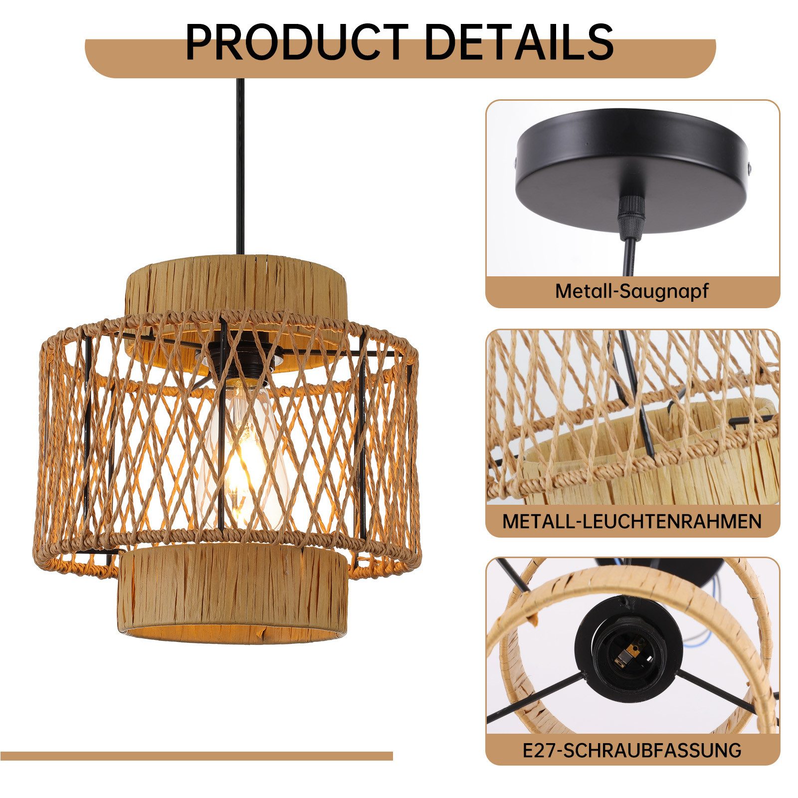 JDONG Pendelleuchte esstisch lampenschirm Hängelampe Ø26cm E27, ohne Leuchtmittel, Beige Papierflechten Beleuchtung Dekoration,schlafzimmerlampe, Vintage,Dekorative Möbel,Für,Wohnzimmer,Esszimmer,Flur