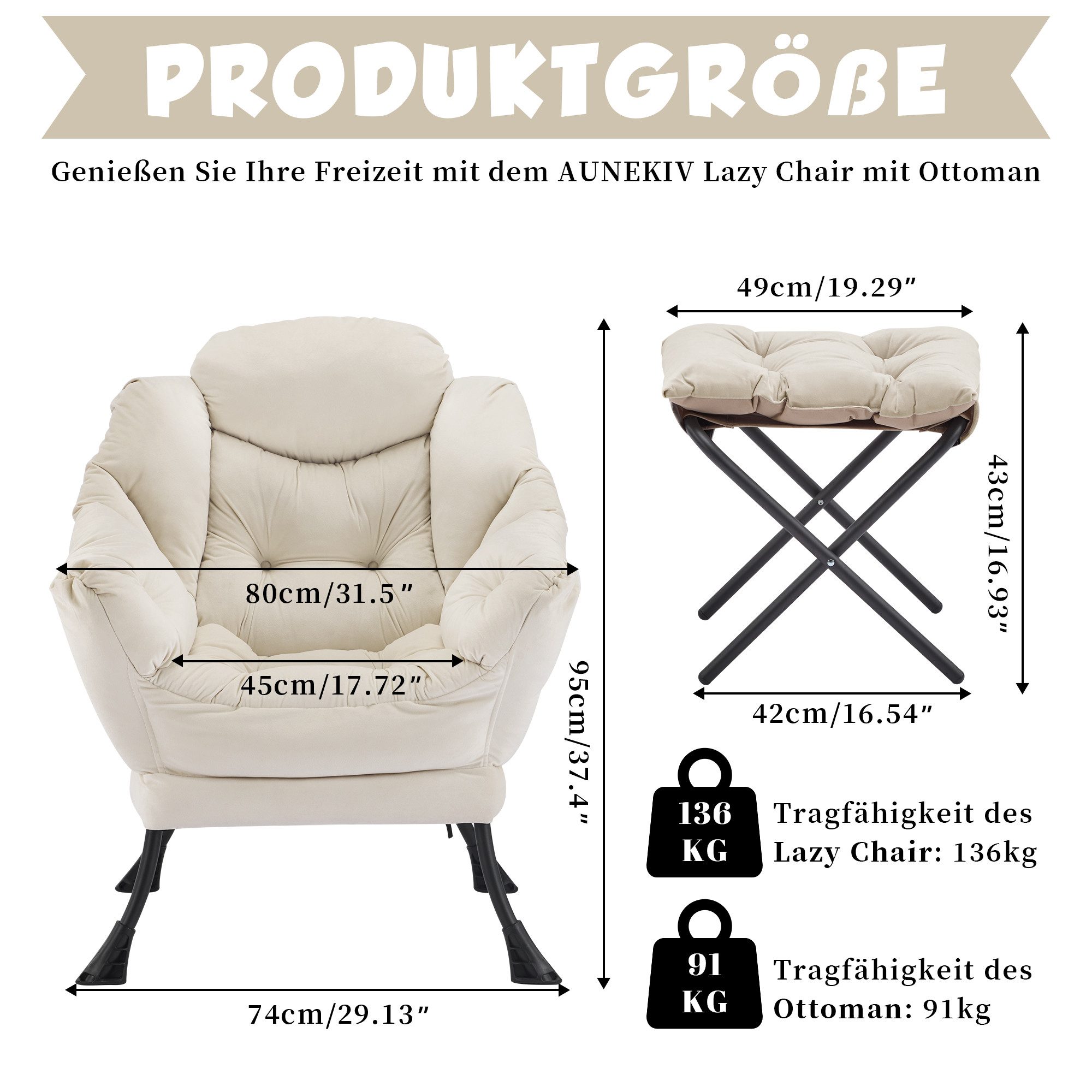 Aunekiv Sessel mit Hocker, Seitenfach & Wingback-Design, Moderner Relaxsessel für Wohnzimmer & kleine Räume
