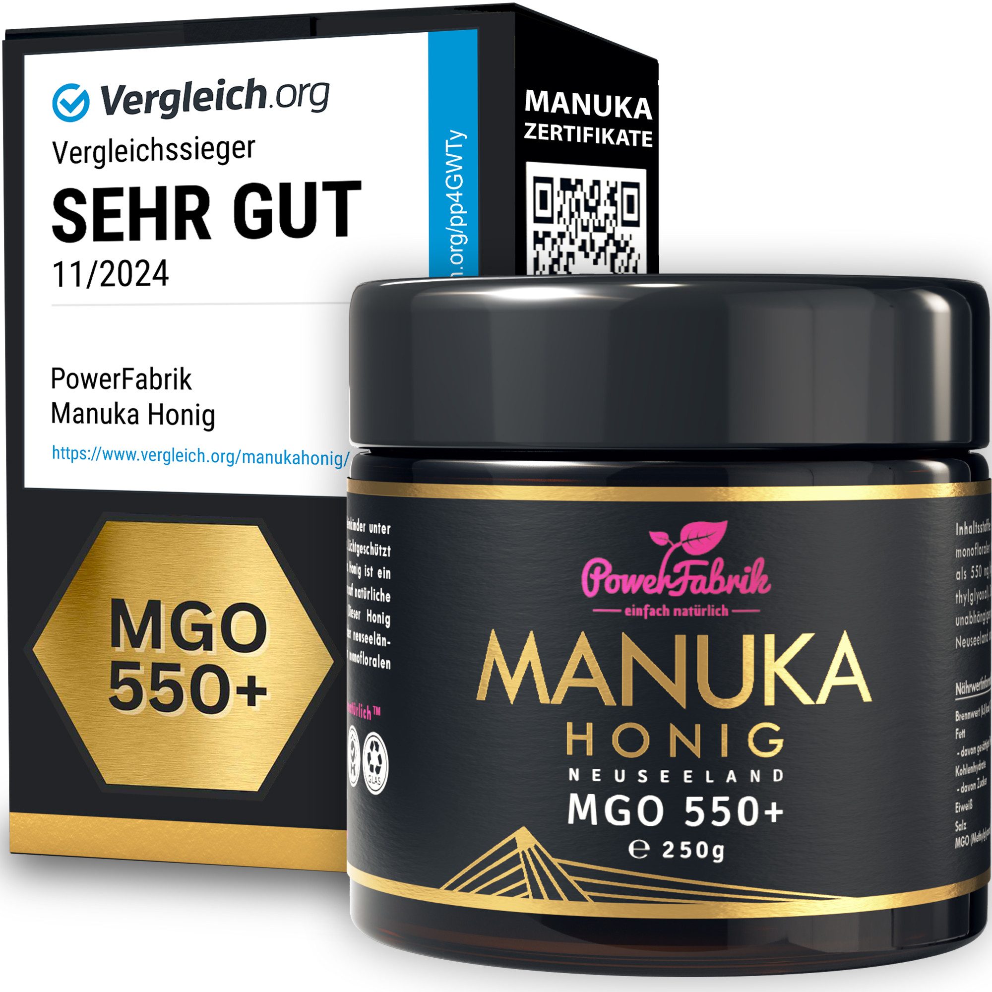 PowerFabrik Honig Manuka Honig MGO 550+, Original aus Neuseeland, im Glas, 250g, 1 x