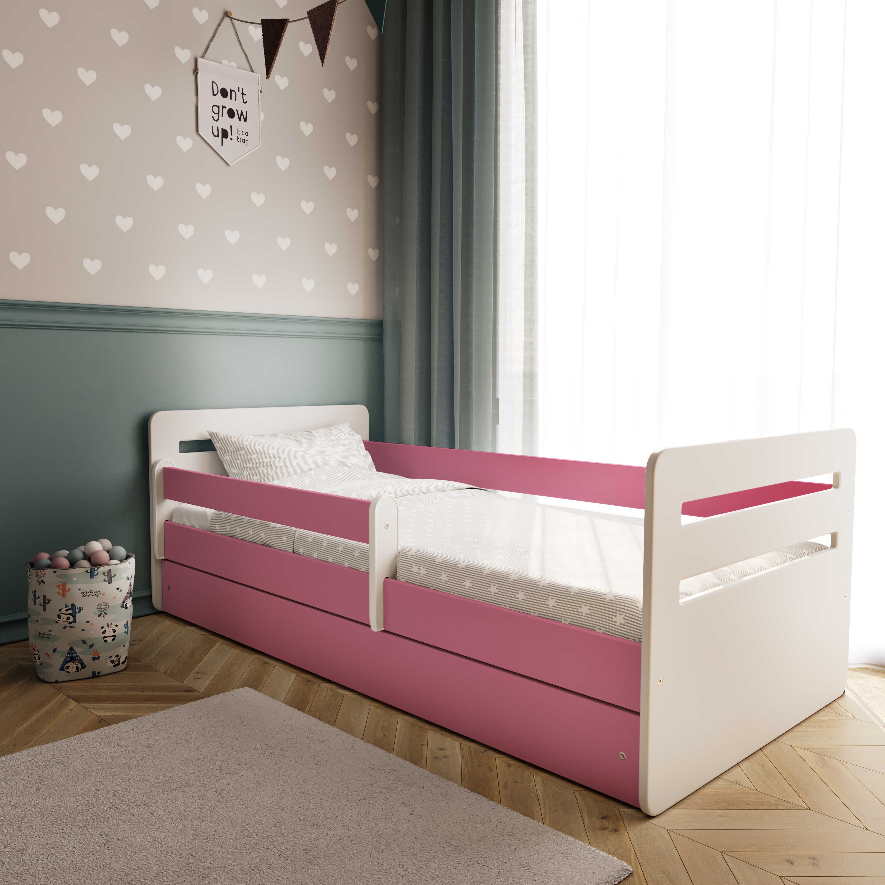 Bjird Kinderbett Tomi 140x80 160x80 180x80 (Mit 8 cm Matratze), mit Rausfallschutz Schubalde und Lattenrost für Mädchen und Junge