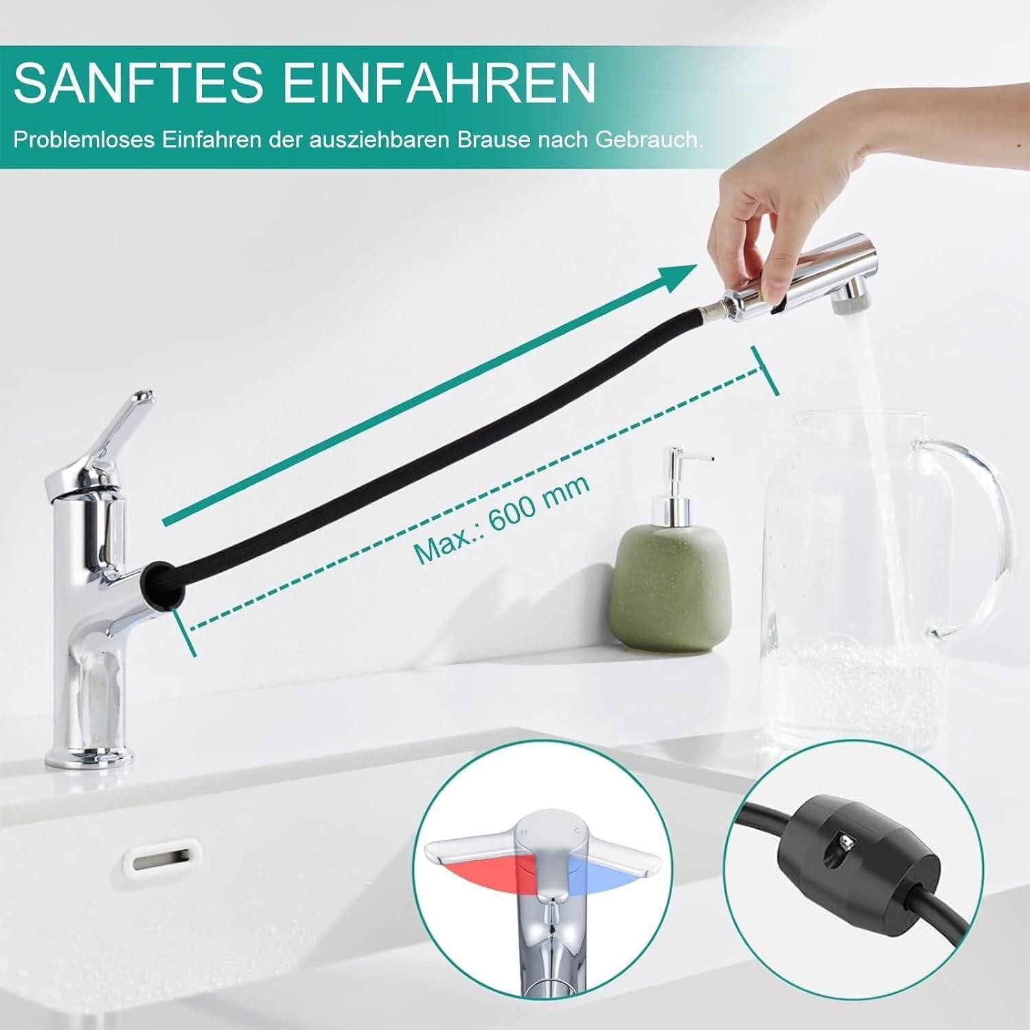 LuxusKollektion Waschtischarmatur Wasserhahn Einhebelmischer Ausziehbar 2 Strahlarten Höhe 196mm–chrom – Bild 3 von 5
