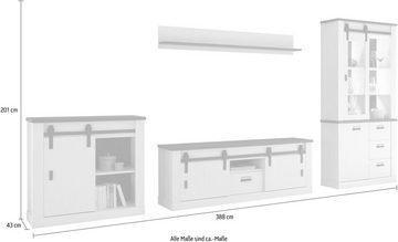 Home affaire Wohnwand SHERWOOD, (4-St), mit Scheunentorbeschlag, Apothekergriffe aus Metall, Breite ca. 388 cm