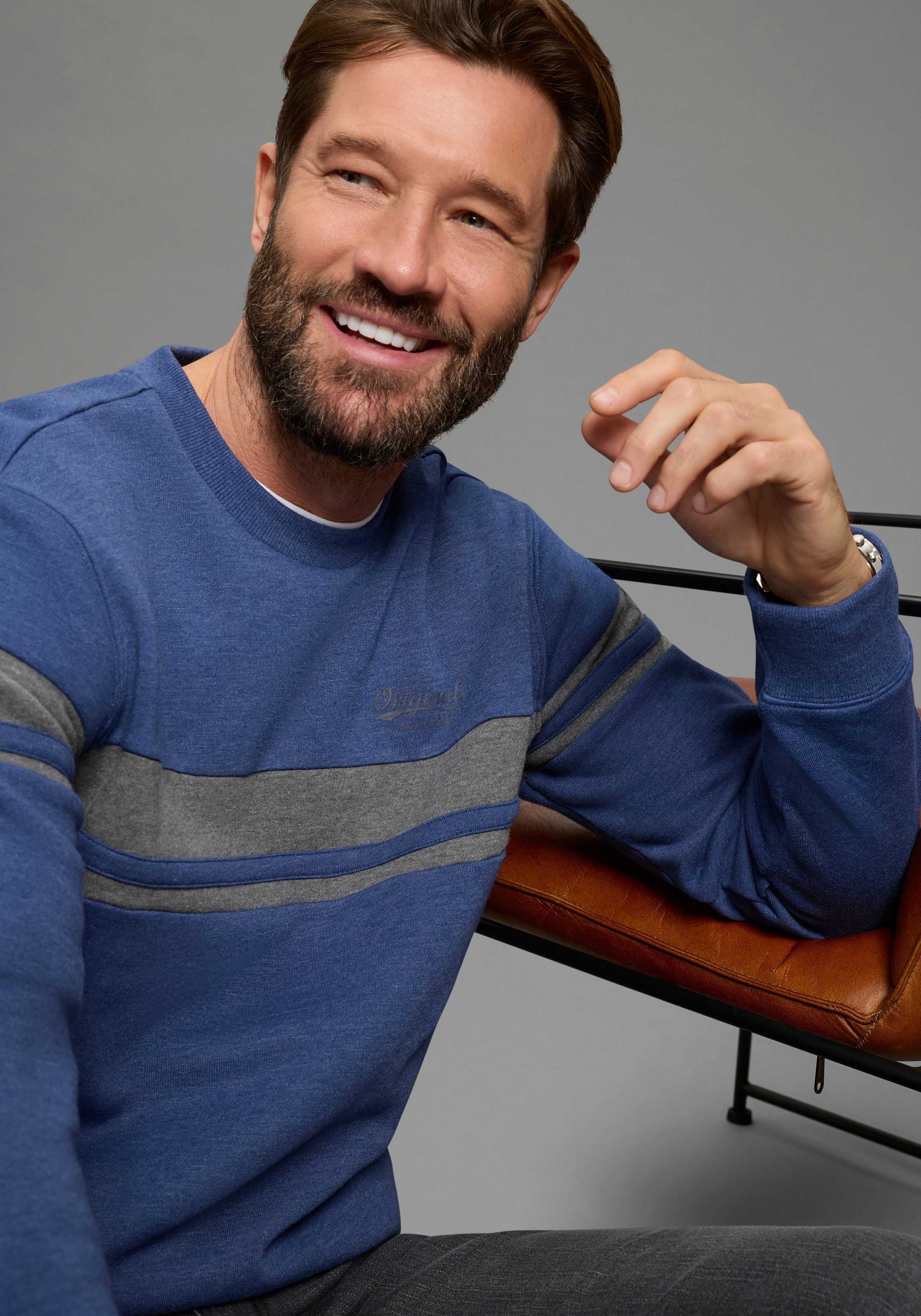 Man's World Sweatshirt gestreift, mit Rundhalsausschnitt, Langarm, angeraute Sweatware