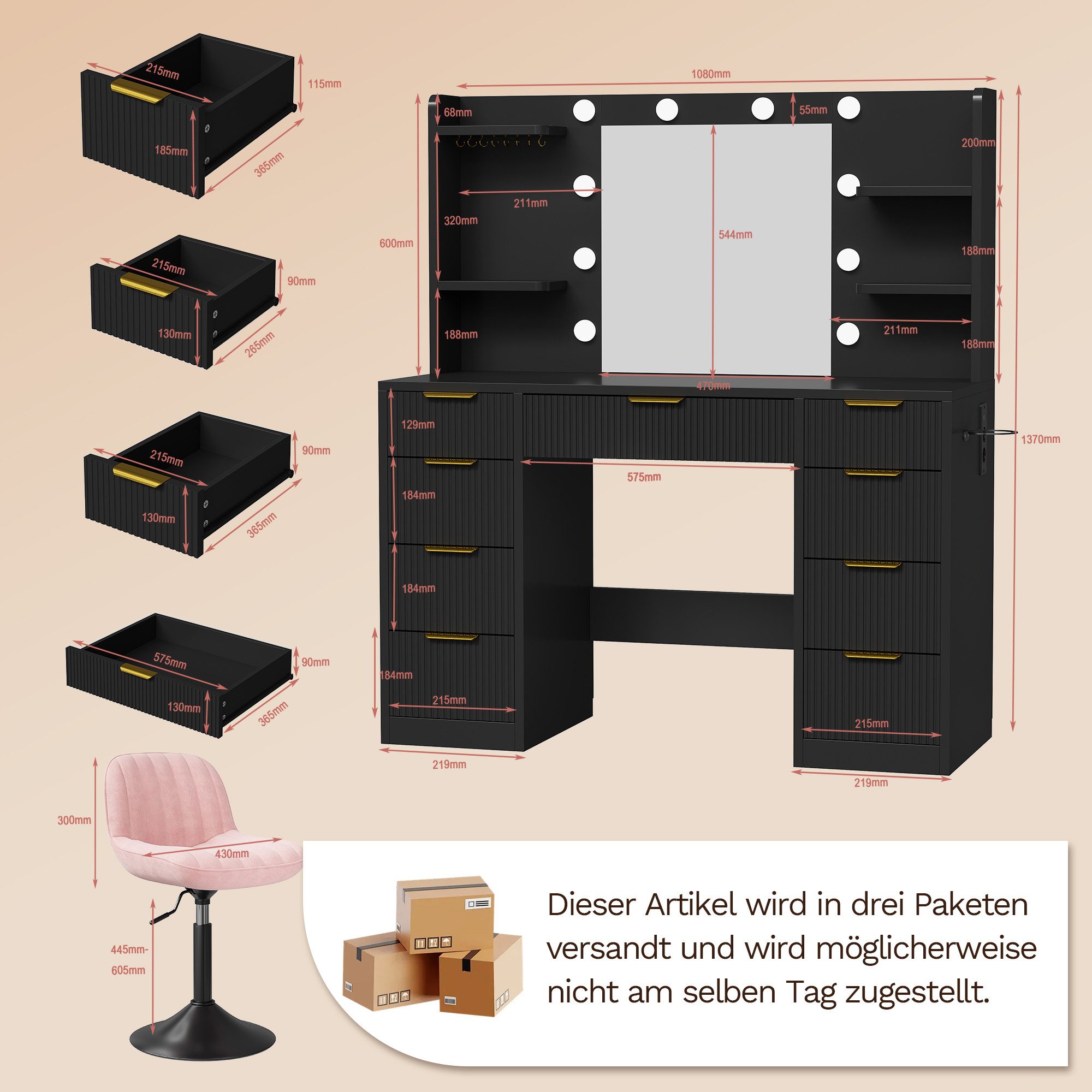 HOMALL Schminktisch LED-Beleuchtung, optional als Set mit Hocker erhältlich (Maße: 108 × 40 × 137 cm, 6 offene Ablagefächer, mit Schmuckhaken, 9 Schubladen, aus – Bild 2 von 5