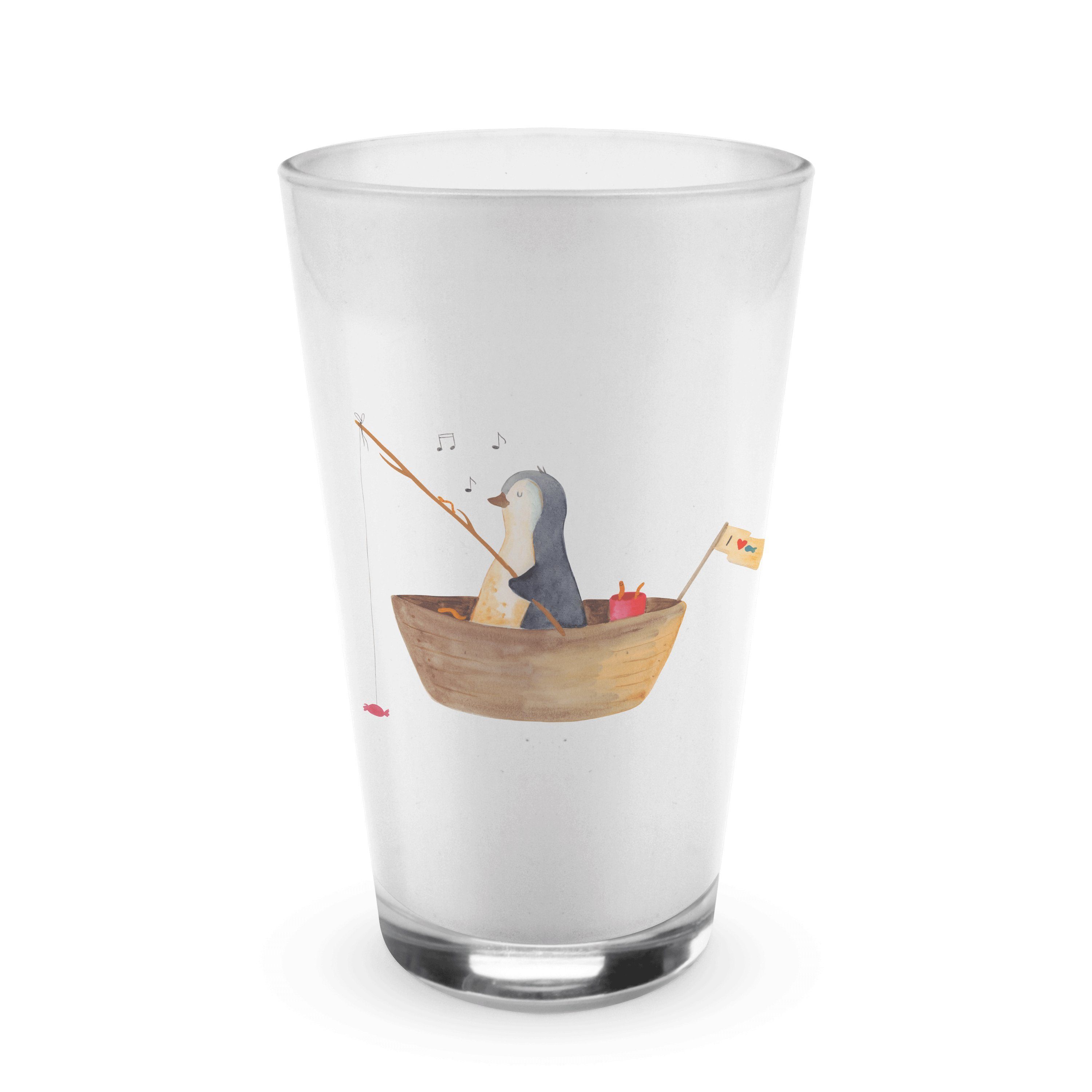 Glas - Premium Angeln, Glas Glas, Angelboot Mrs. Pinguin Cappuccino & - Transparent Mr. Panda Geschenk,