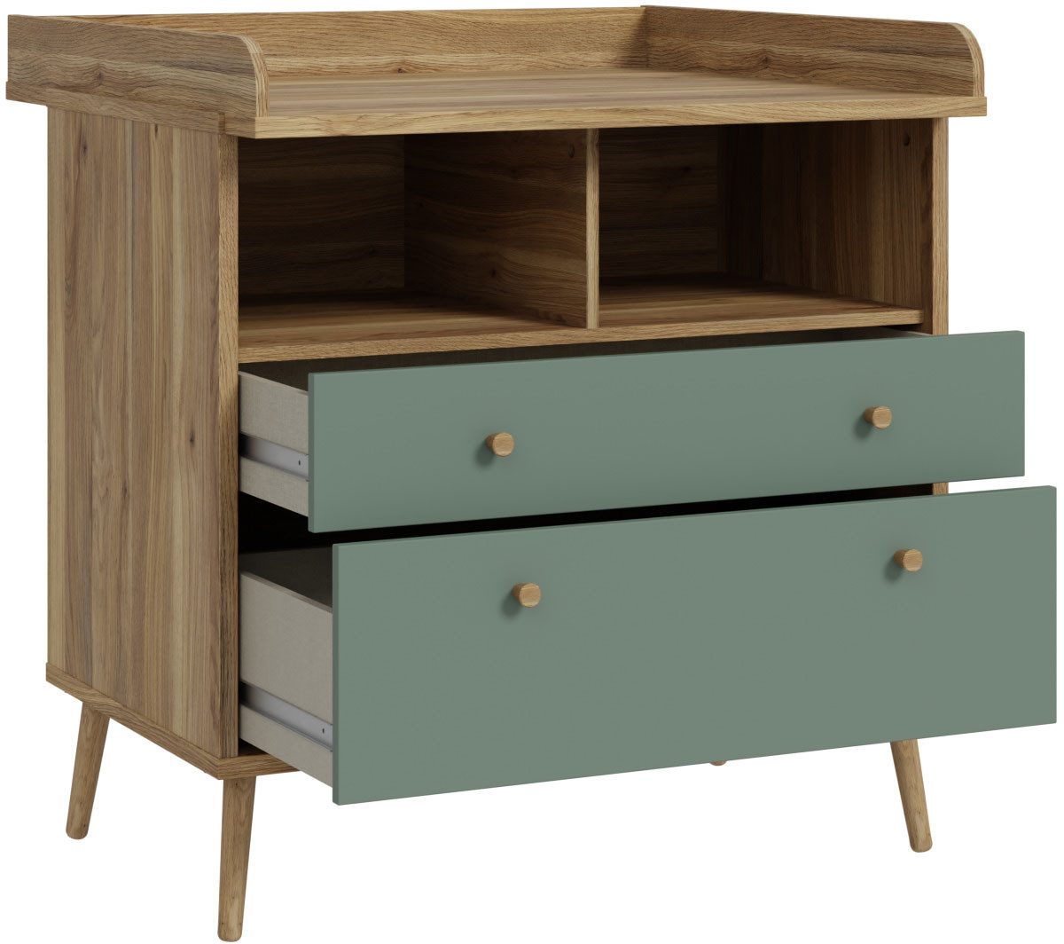 FORTE changing chest of drawers Whenua, changing mat, raised edge, 2 coloured, storage space open compartments etc.