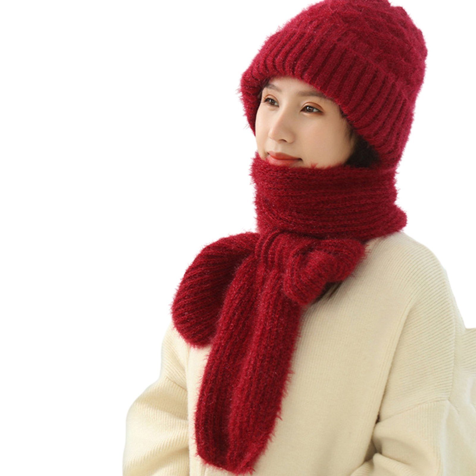 Mütze warme Ohrenschutz Warme Rutaqian Modische, Samt Integrierter Ohrenschutzmütze, für Dicke (Plus Schal Strickmütze Winddichte Frauen) Weinrot Winter-Strickmütze und