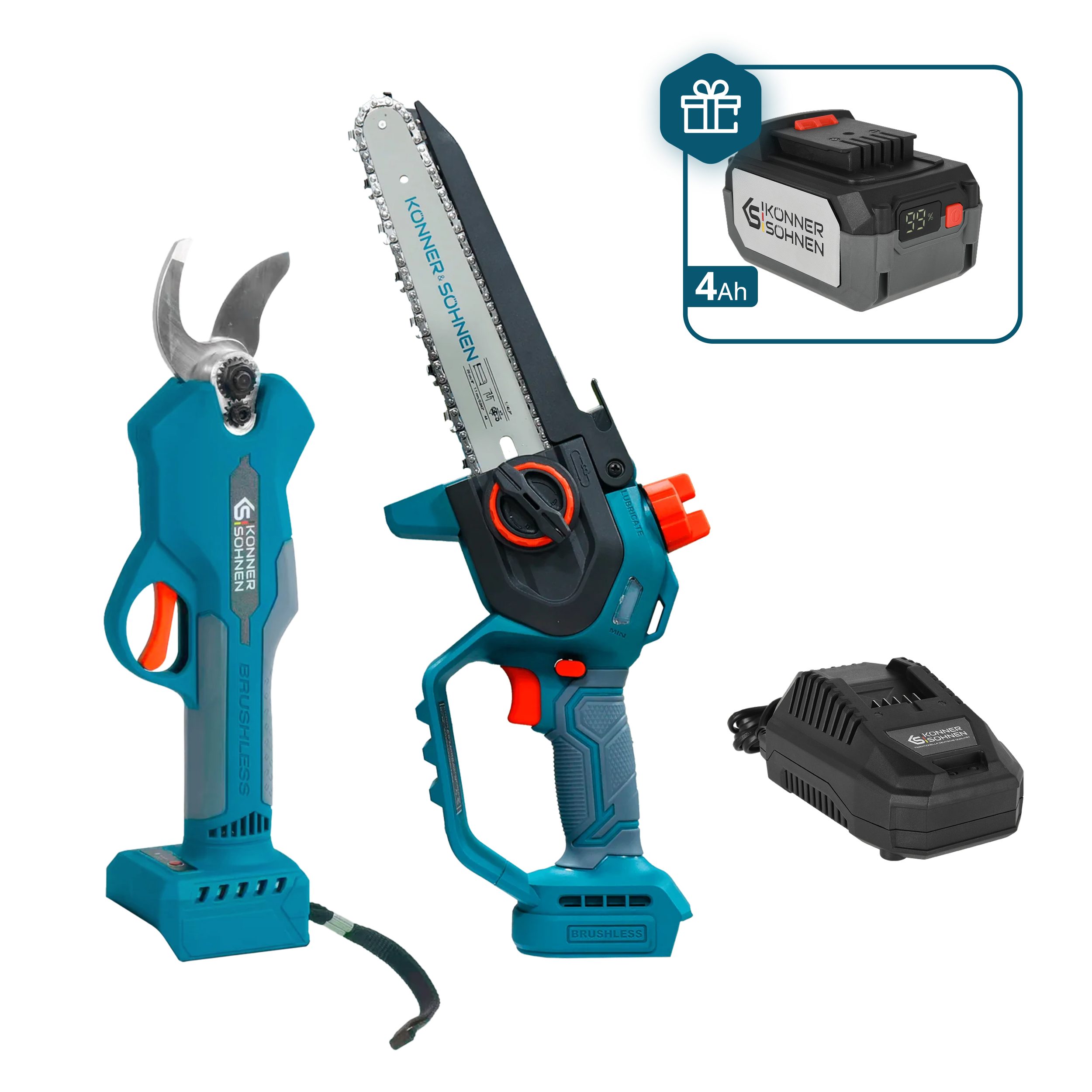 Könner & Söhnen Akku-Astschere KS MCS-CSP-SET, (Baumpflege-Set mit Astschneider, Mini-Säge, Akku & Ladegerät, 1 St., Inklusive 4Ah Akku als Geschenk & 4,5A Schnellladegerät), Bürstenlose Motoren, autom. Kettenölung, 32mm Astschnitt