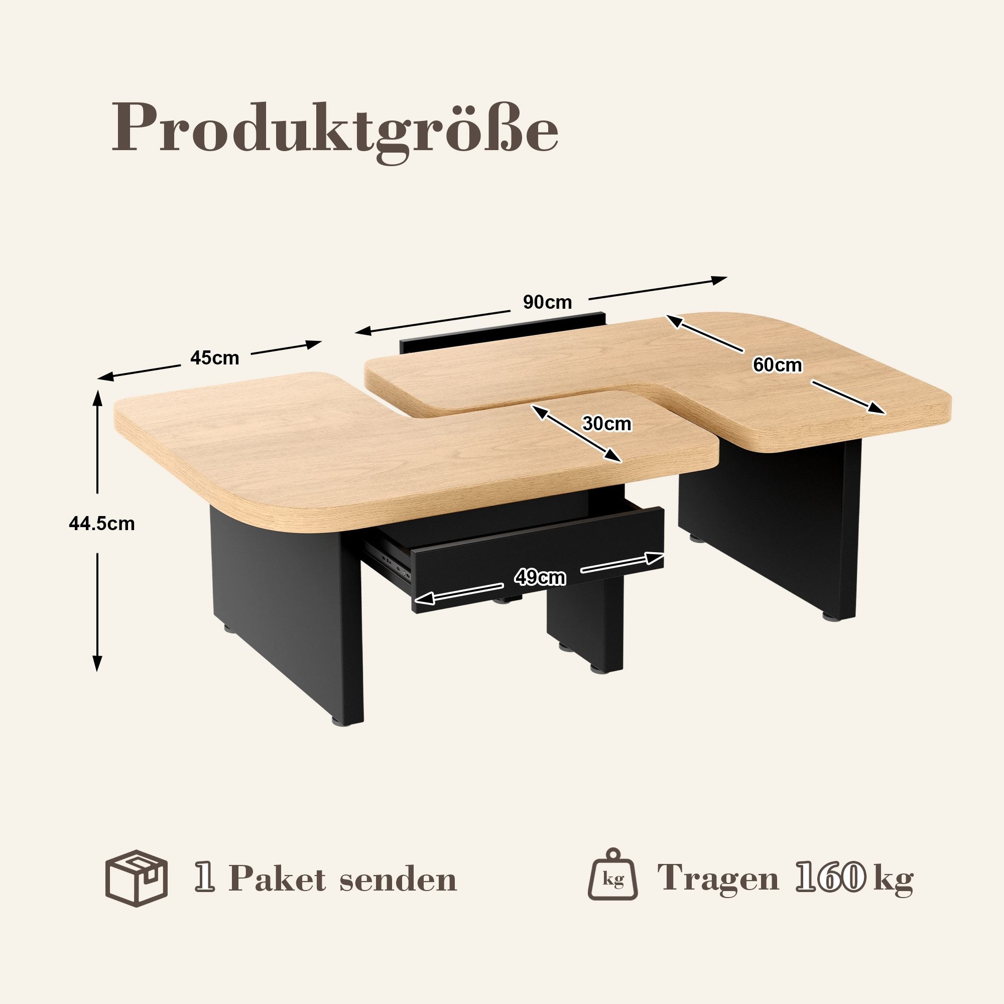LVHOM Couchtisch 135x60cm/90x90cm ÖKO Modern Modular 2-in-1 mit Beleuchtung (Sachlichkeit + Innovation, Technische Details in Kurzform, Umweltbewusstsein, Wertige Materialassoziation, mehr in 1 Design trifft intelligente Raumtransformation), Rückseitige LED-Rille mit Fernbedienung