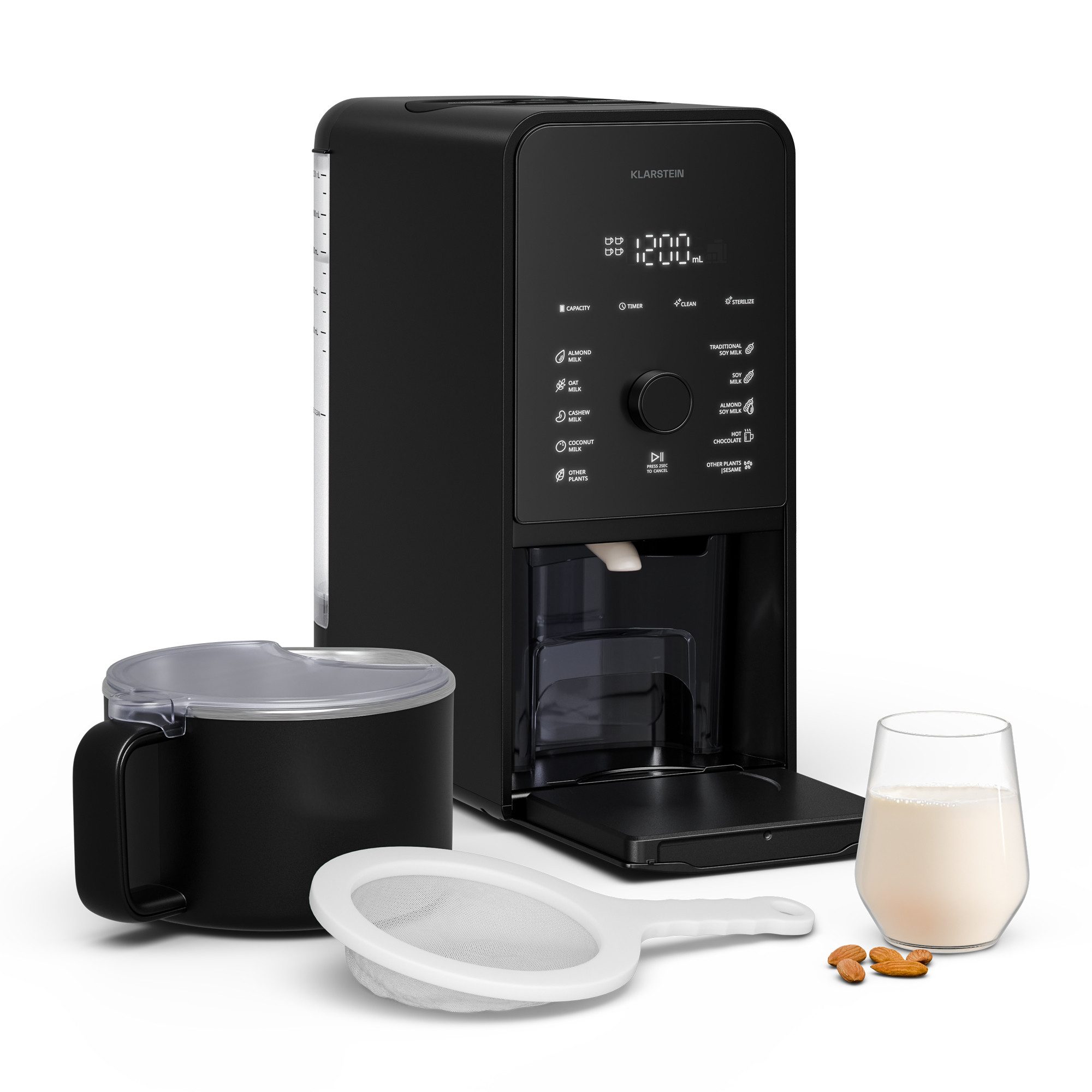 Klarstein Küchenmaschine mit Kochfunktion Marcia Touch Nussmilchautomat 1,2L 6 Klingen 1200W 12 Programme, 400 W, Pflanzenmilch-Maker Mandelmilch-Maker mit LCD-12 Programmen