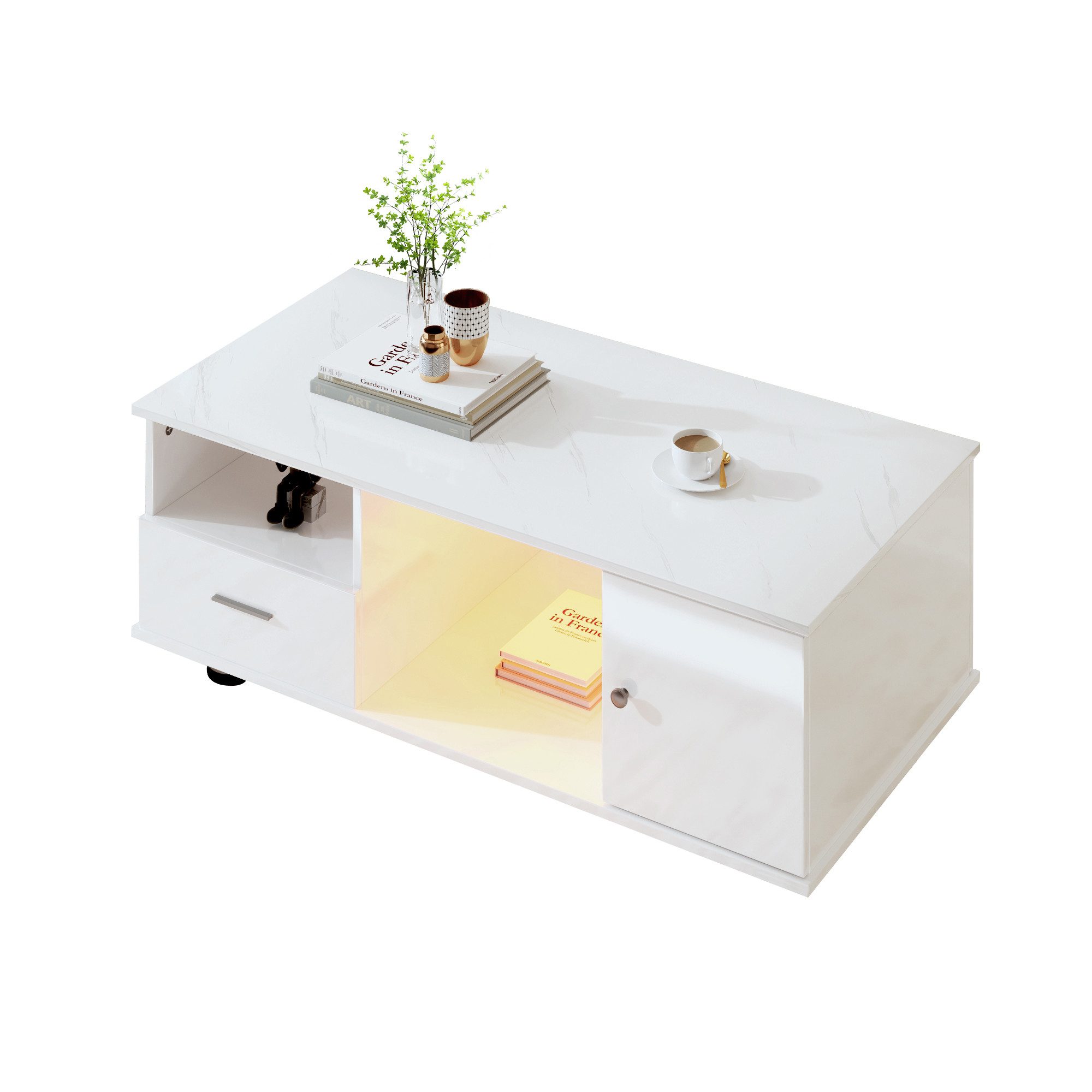 Merax Couchtisch mit Schubladen und Türen, Wohnzimmertisch, hochglanz Tischplatte Marmoroptik, Beistelltisch inkl. LED per APP